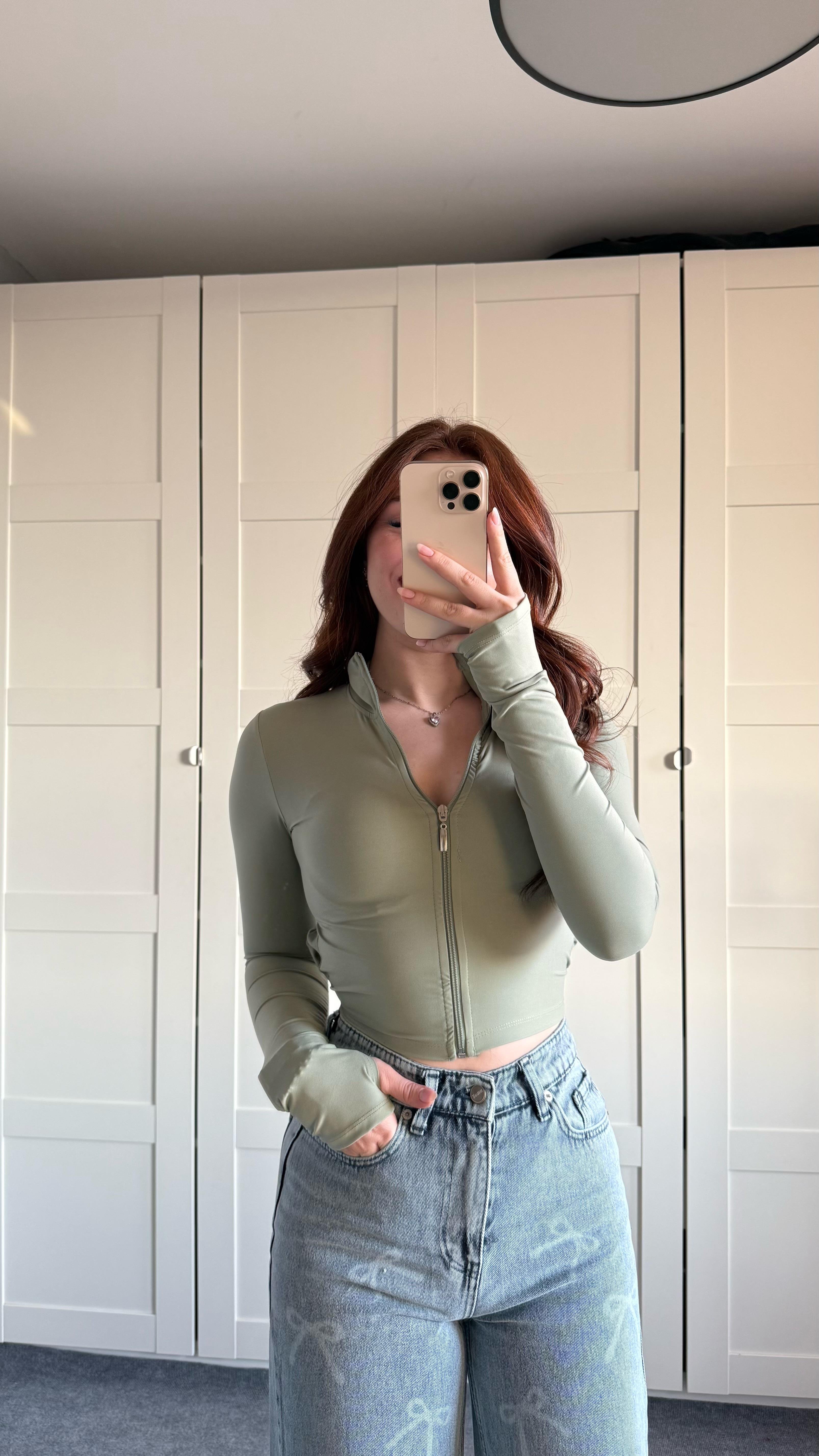 Fermuarlı Parmak Geçirmeli Crop Mint Yeşili