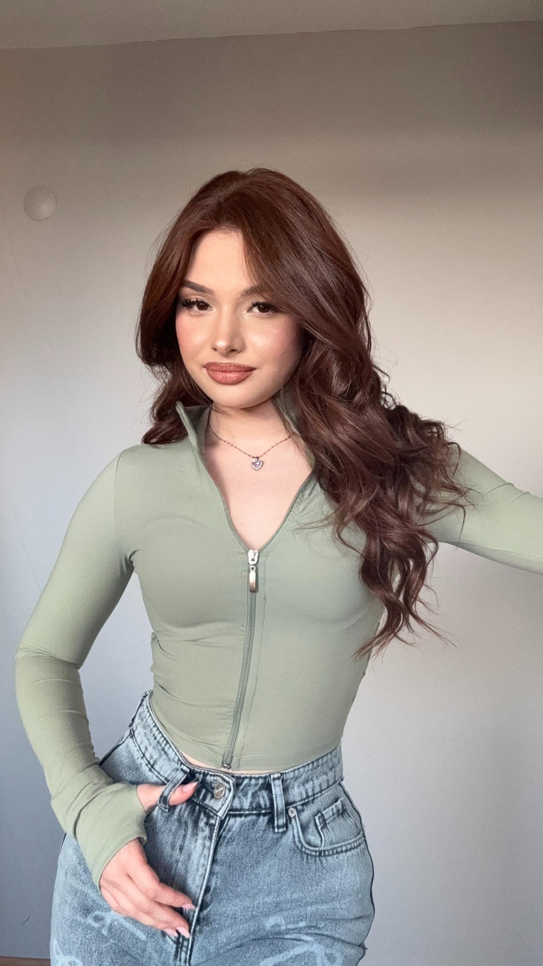 Fermuarlı Parmak Geçirmeli Crop Mint Yeşili