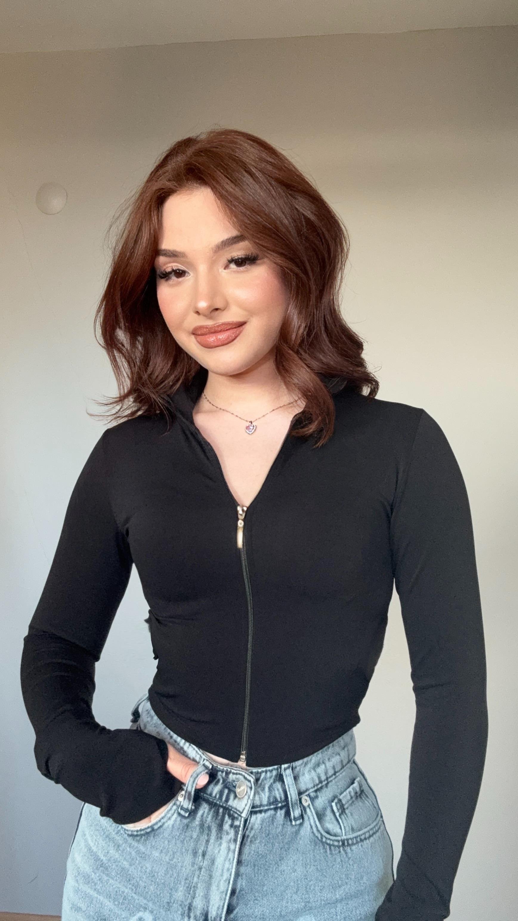 Fermuarlı Parmak Geçirmeli Crop Siyah