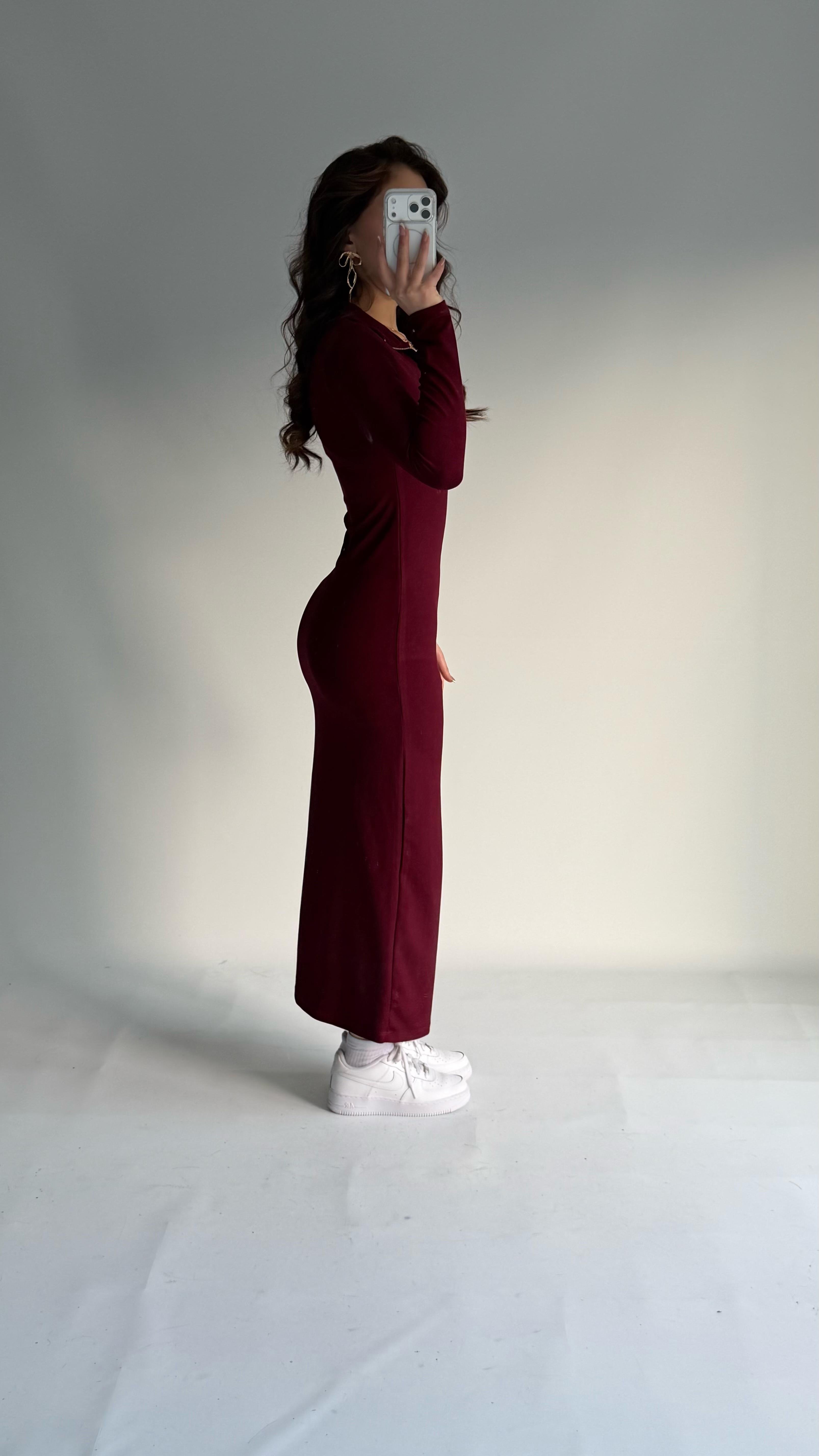 Fermuarlı Uzun Kol Fitilli Elbise Bordo