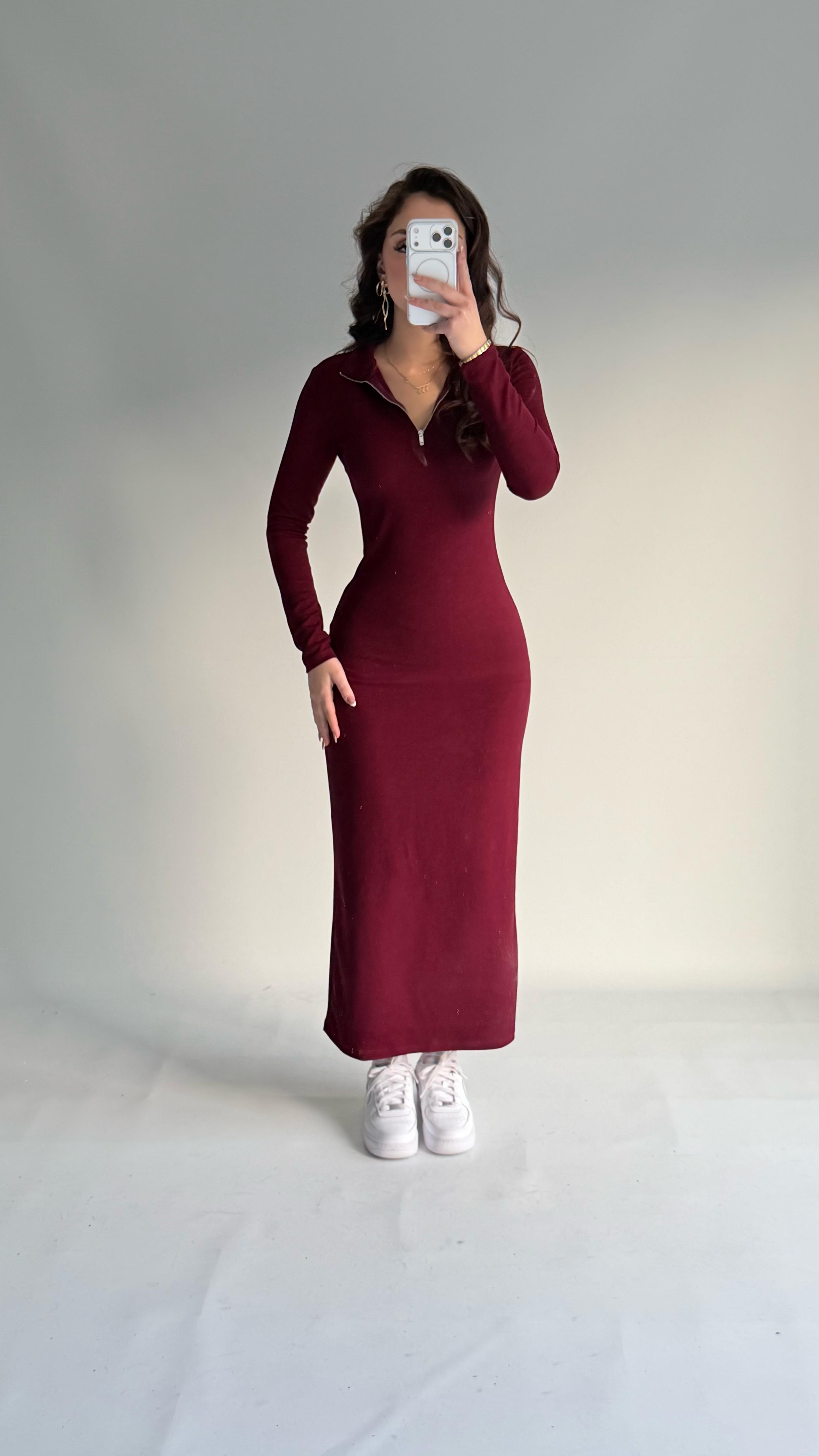 Fermuarlı Uzun Kol Fitilli Elbise Bordo