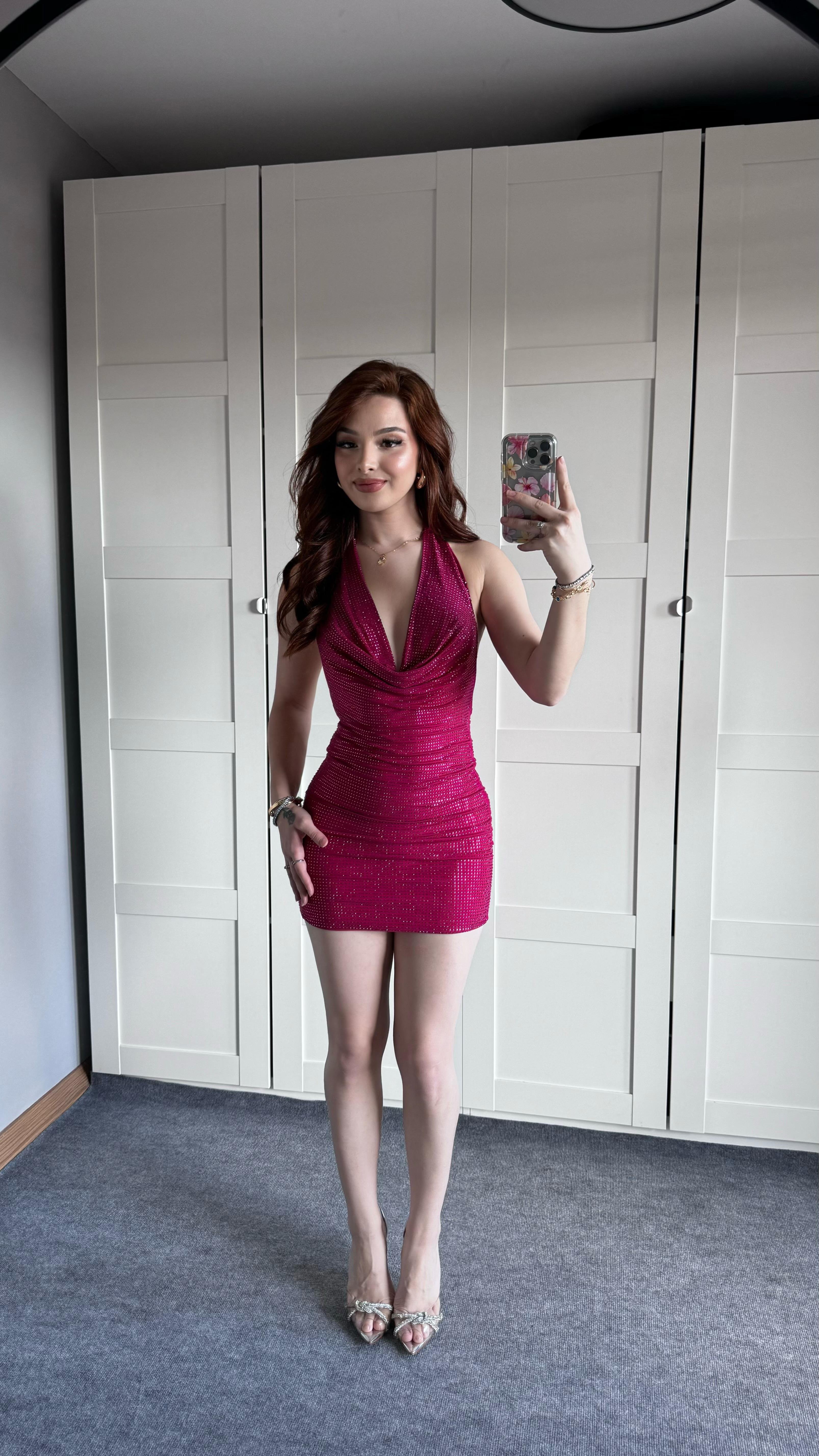 Fiesta Mini Taşlı Elbise Pembe