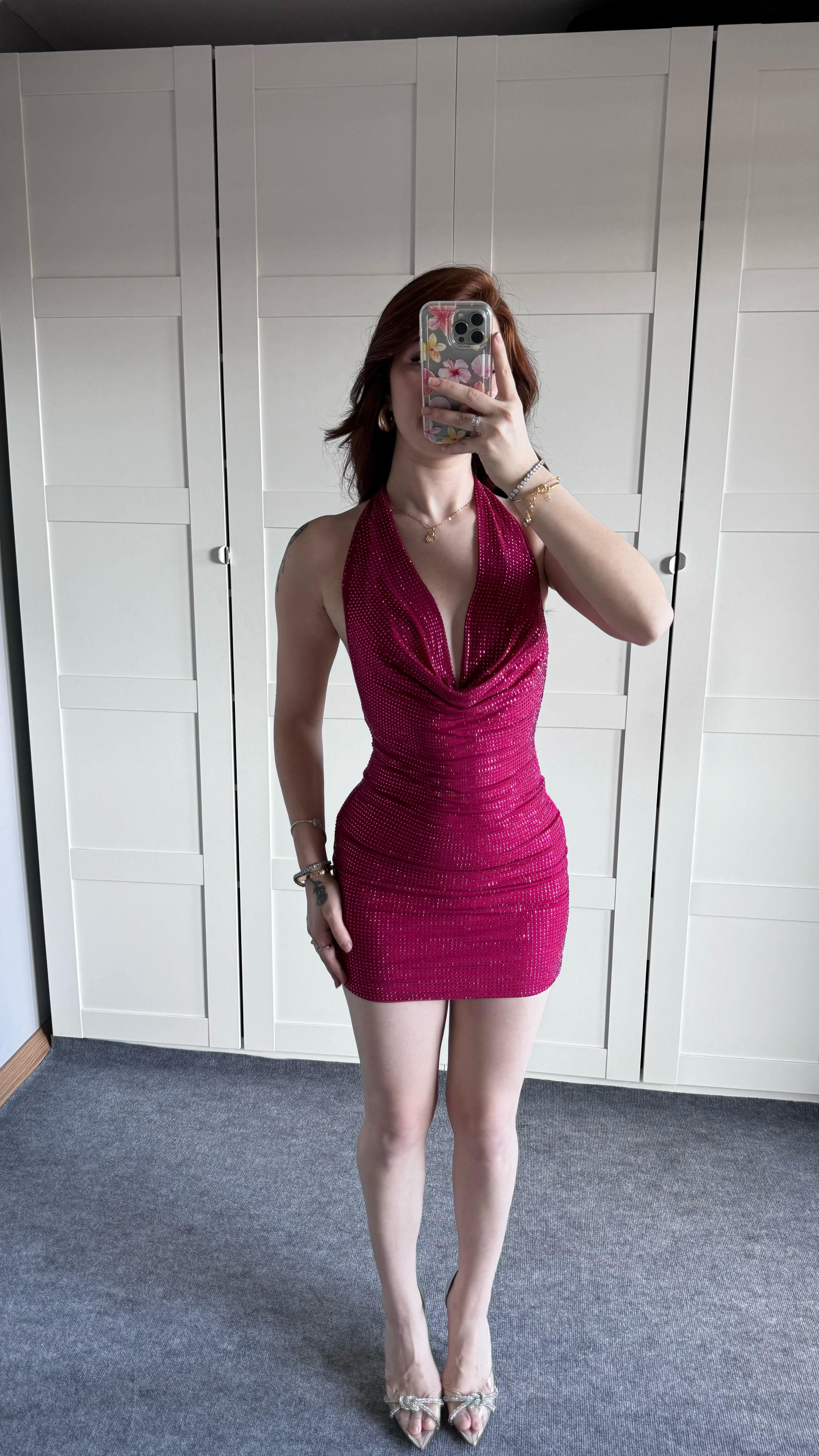 Fiesta Mini Taşlı Elbise Pembe