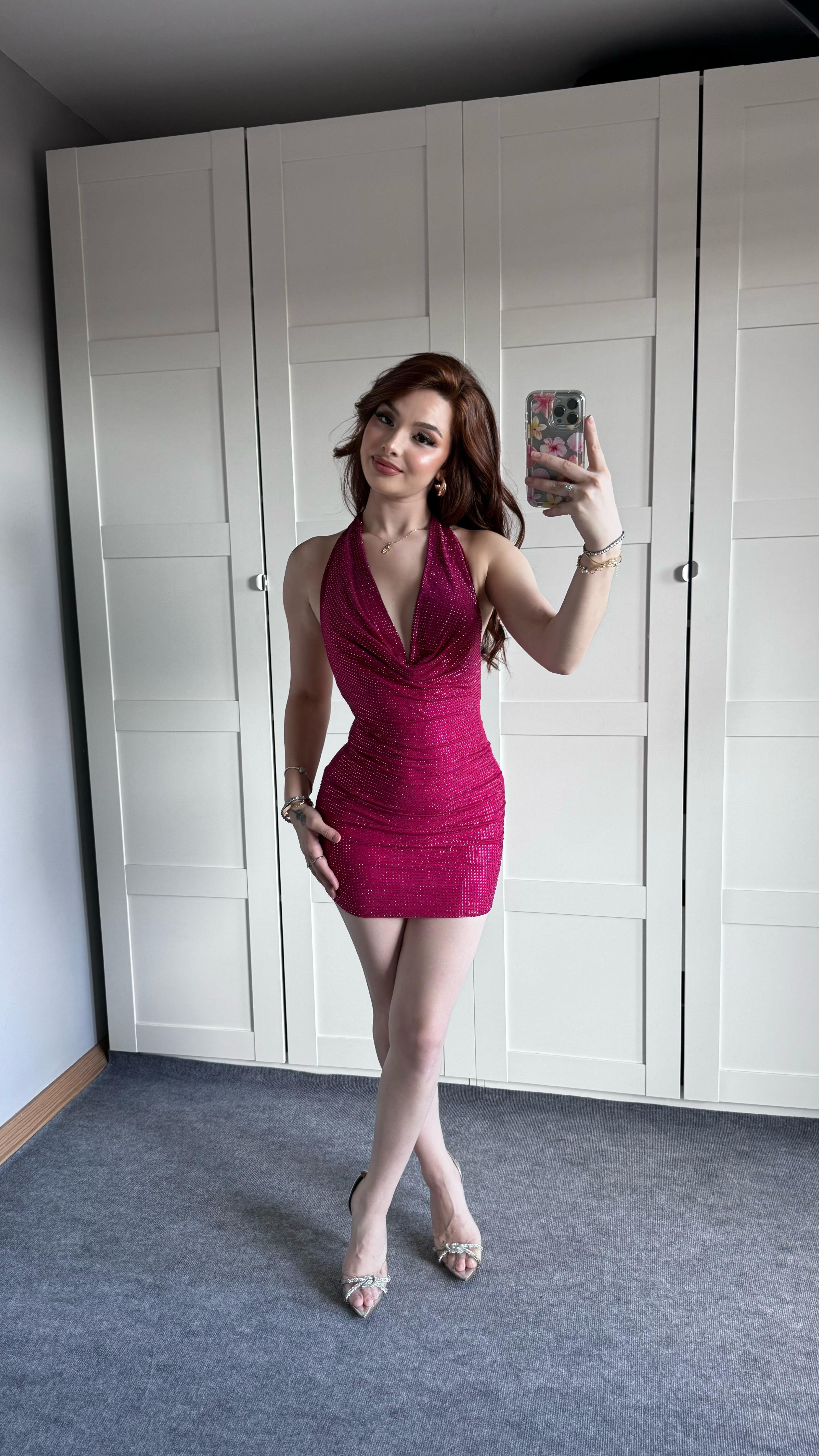 Fiesta Mini Taşlı Elbise Pembe