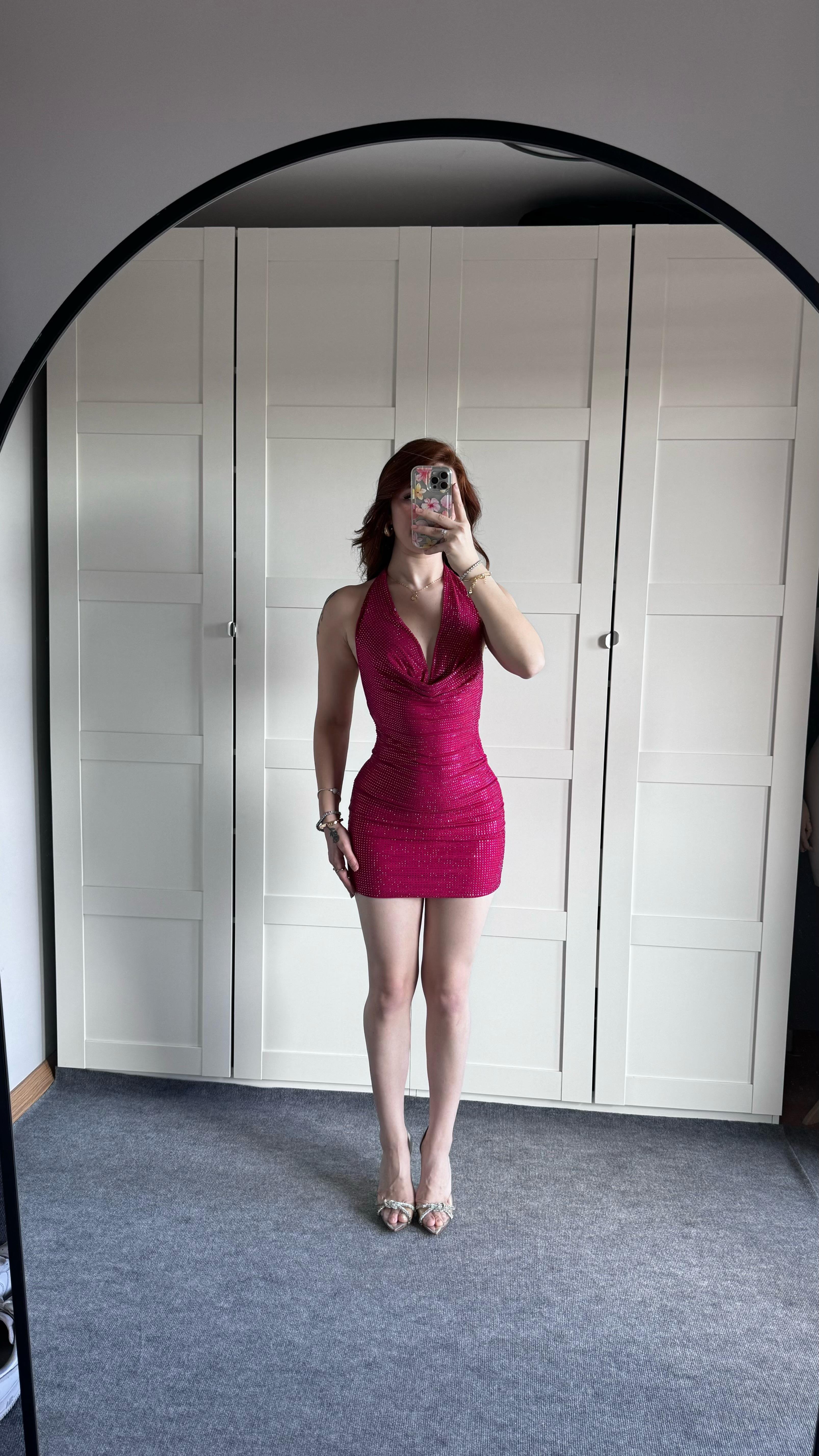 Fiesta Mini Taşlı Elbise Pembe