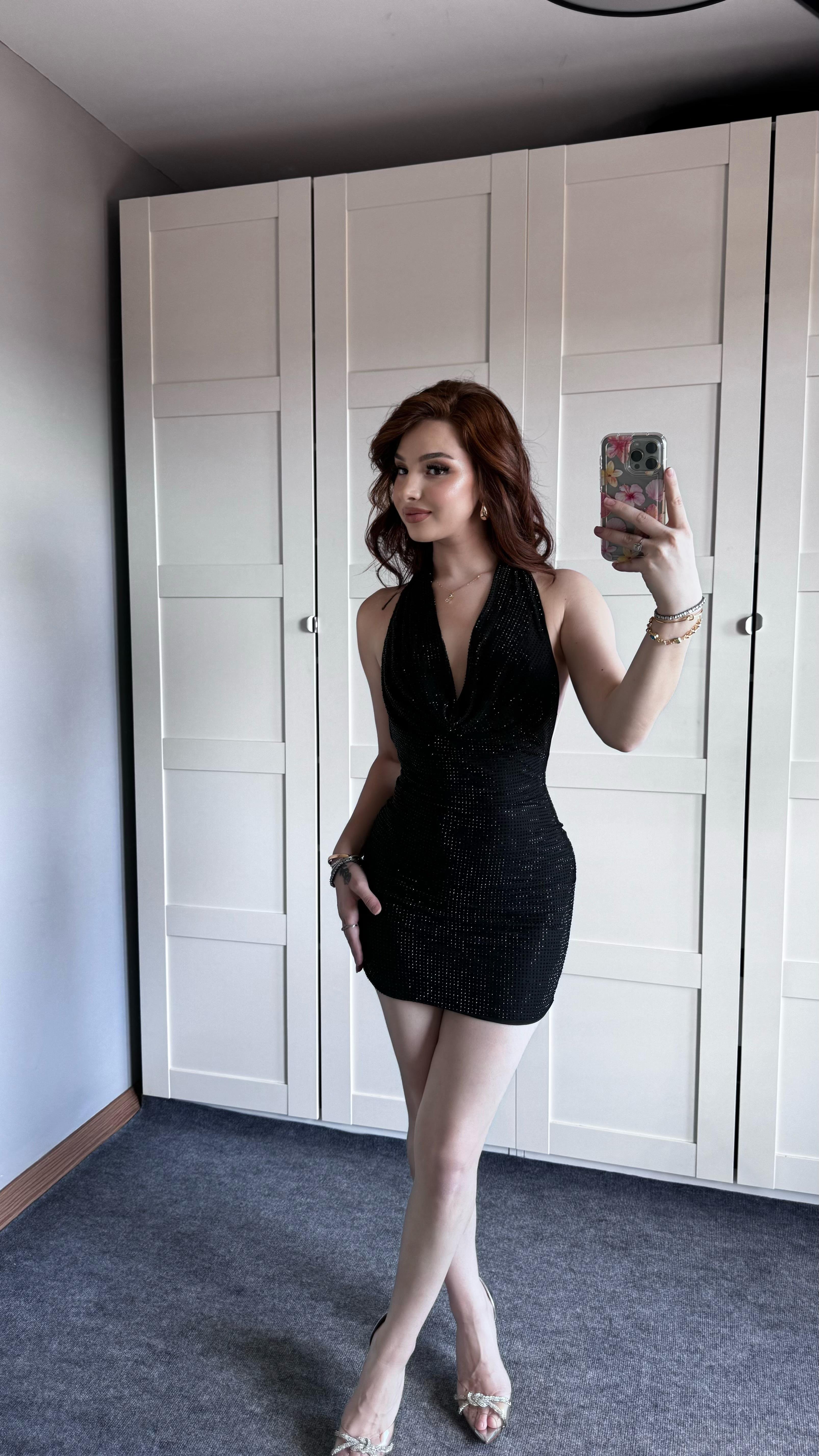 Fiesta Mini Taşlı Elbise Siyah
