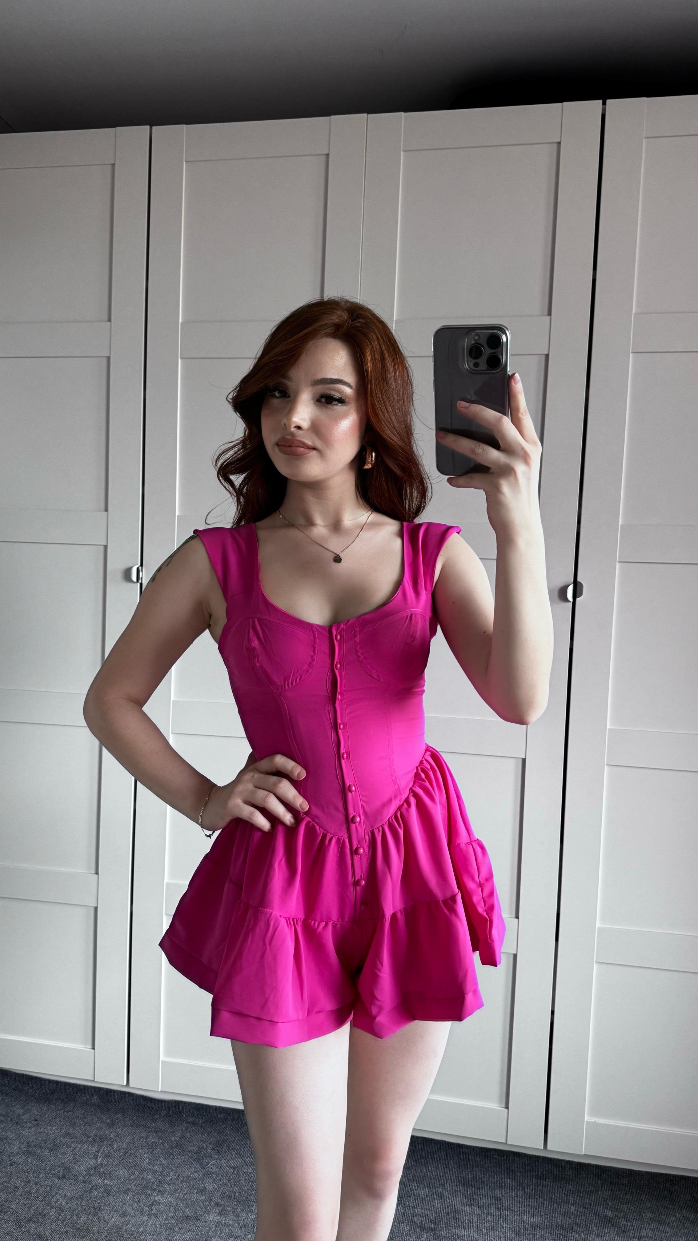 Fırfırlı Mini Şort Tulum Pembe 