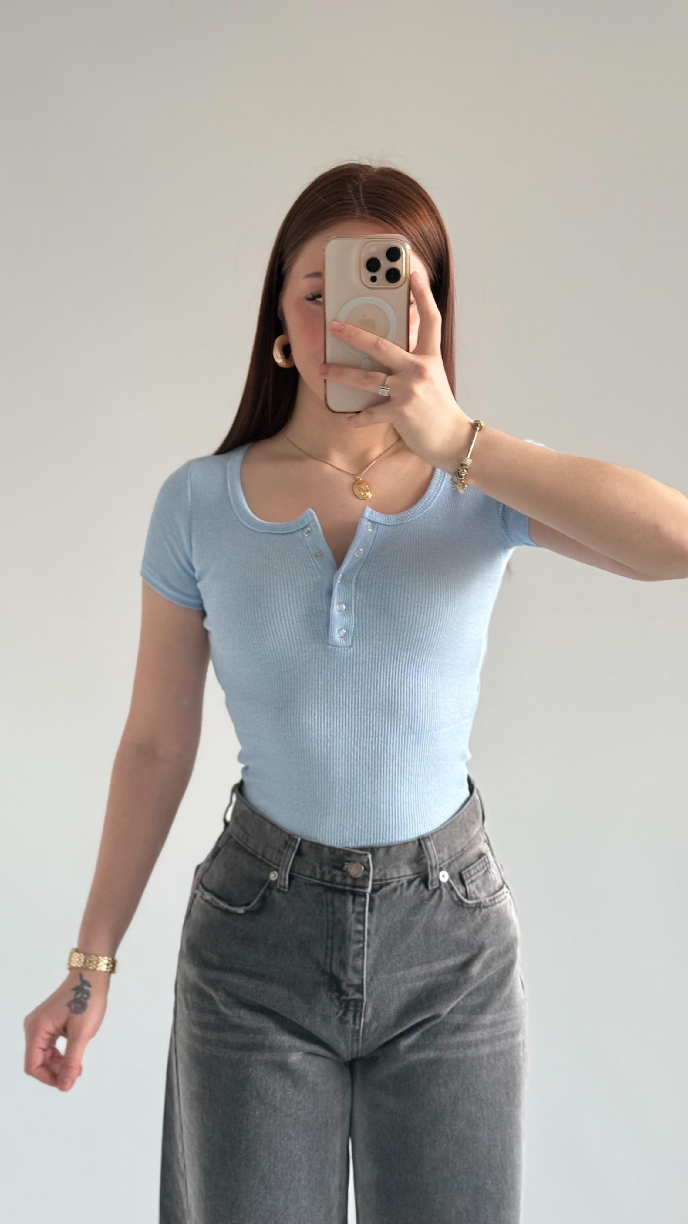 Fitilli Çıtçıtlı Kısa Kol Tişört Bebe Mavisi