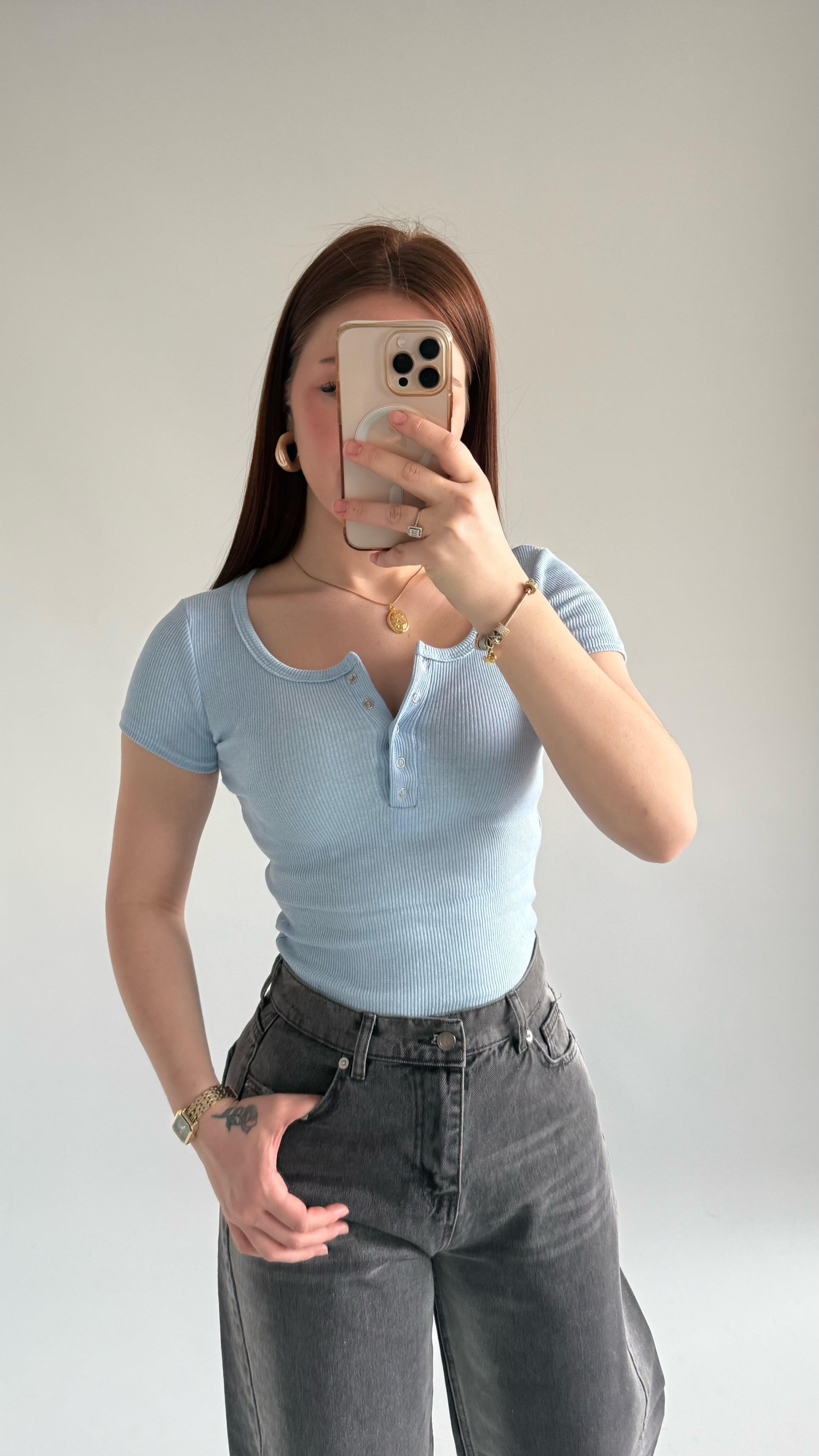 Fitilli Çıtçıtlı Kısa Kol Tişört Bebe Mavisi