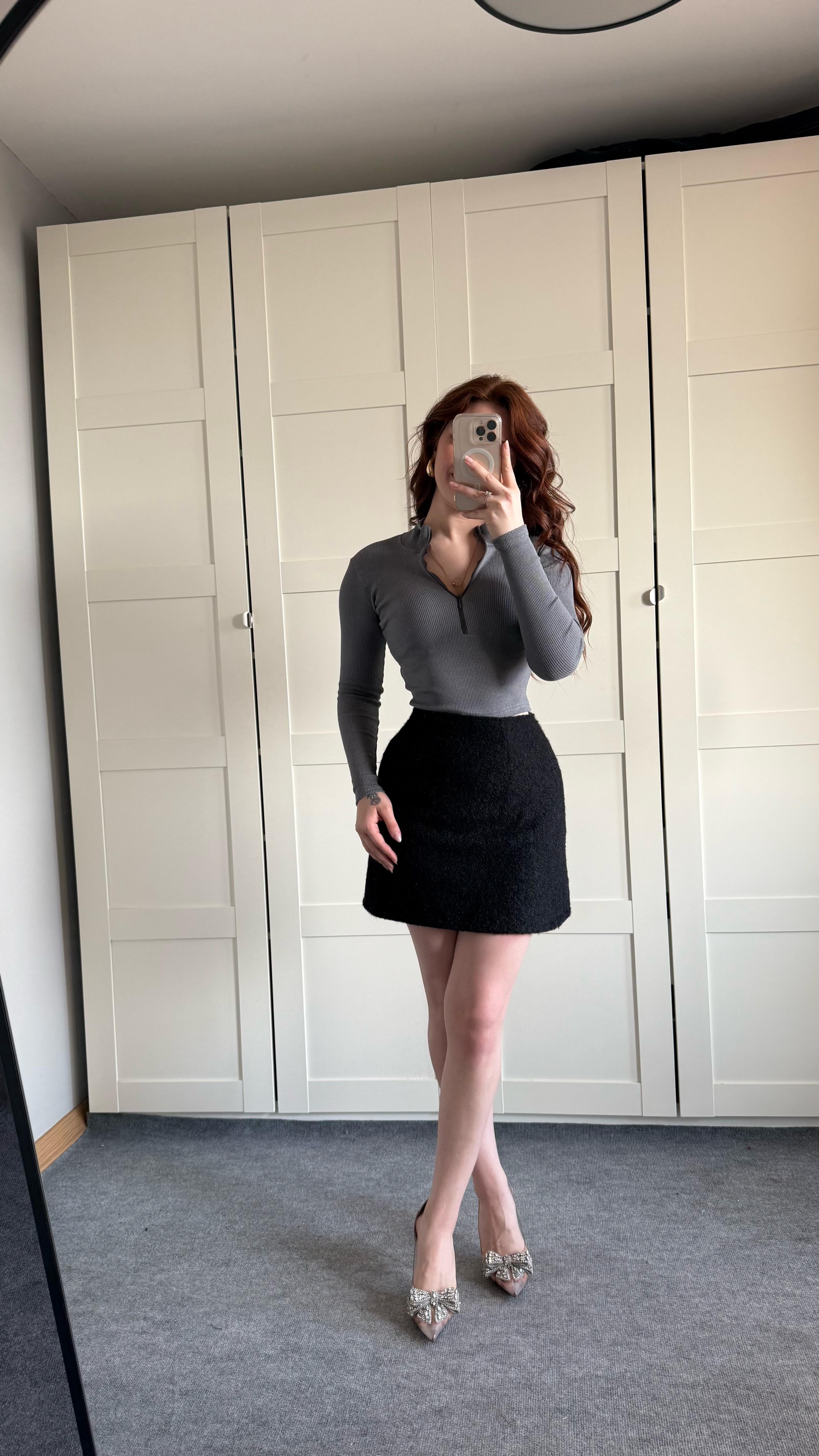 Fitilli Fermuarlı Crop Gri
