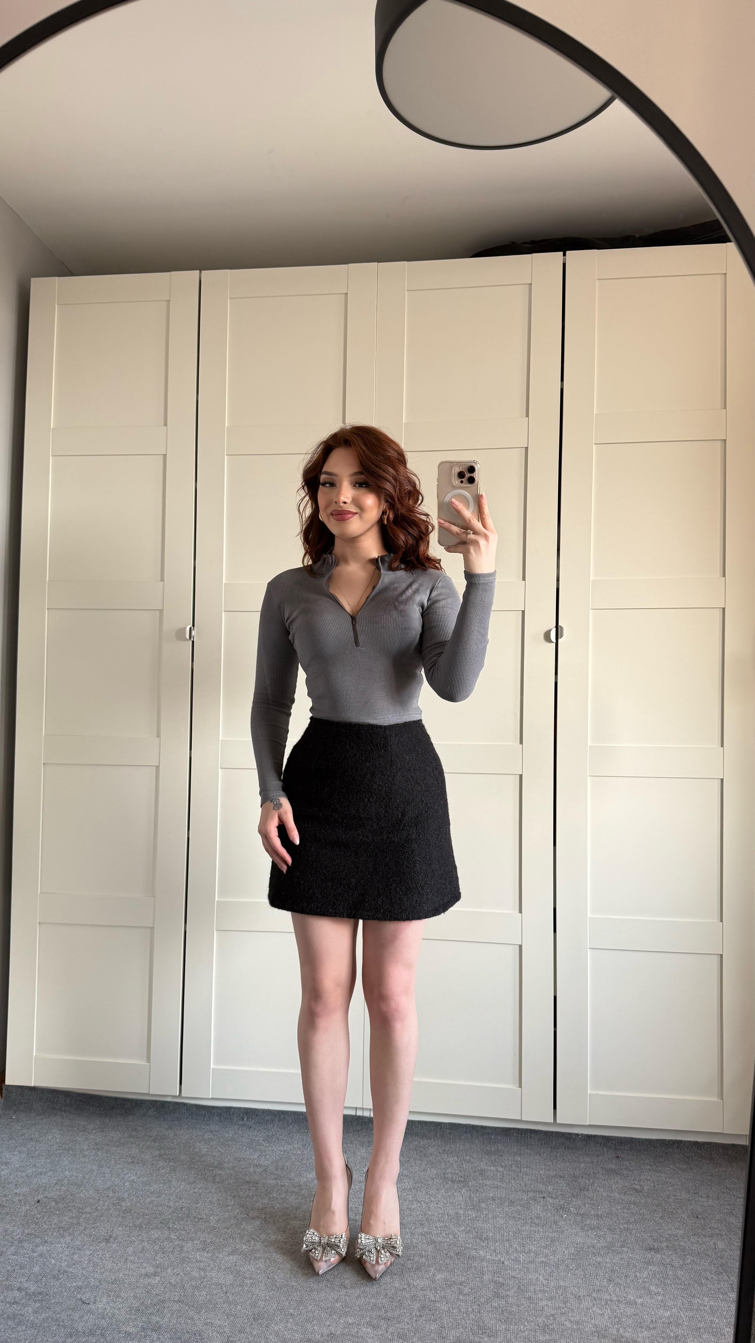 Fitilli Fermuarlı Crop Gri