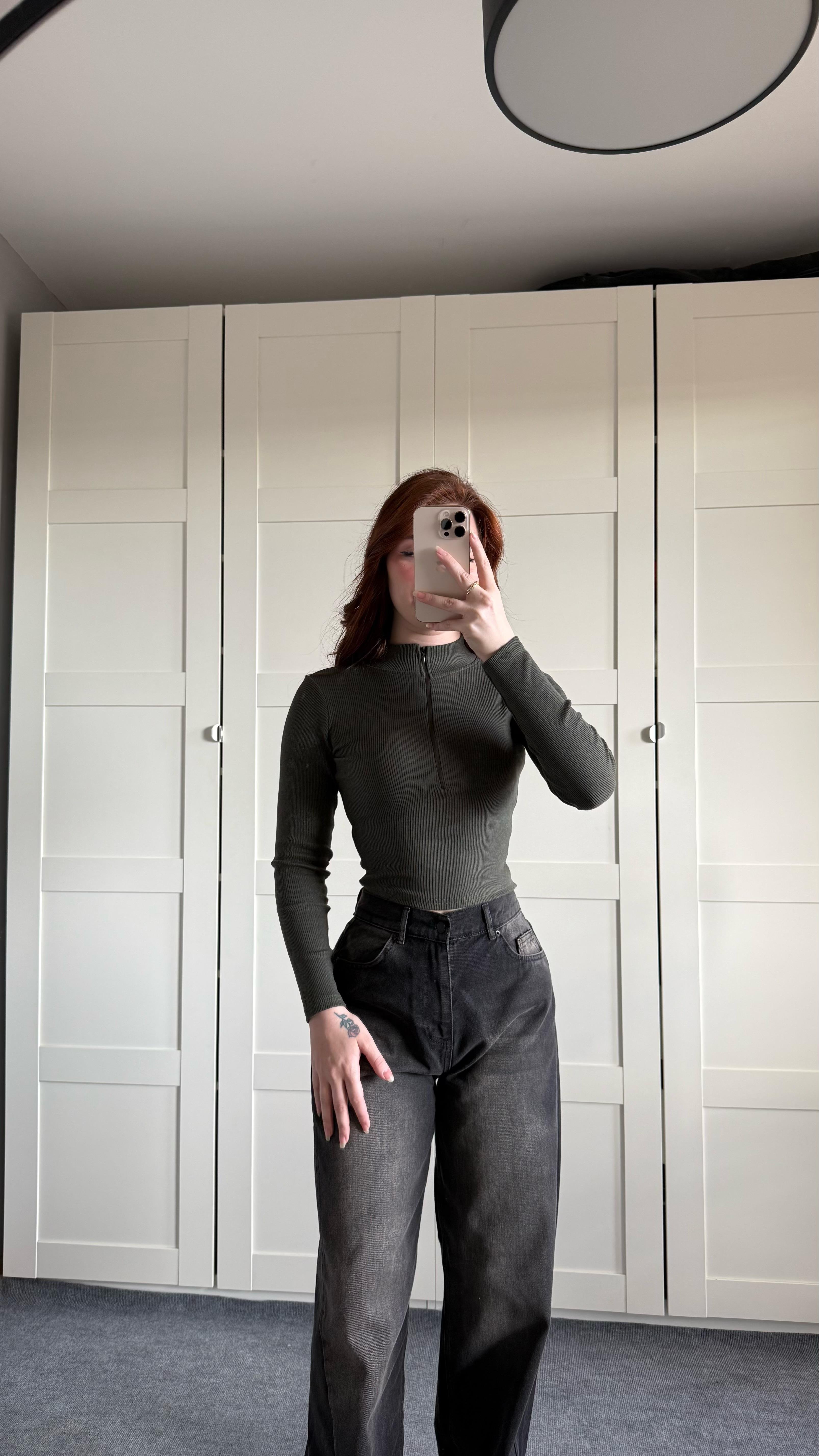 Fitilli Fermuarlı Crop Haki
