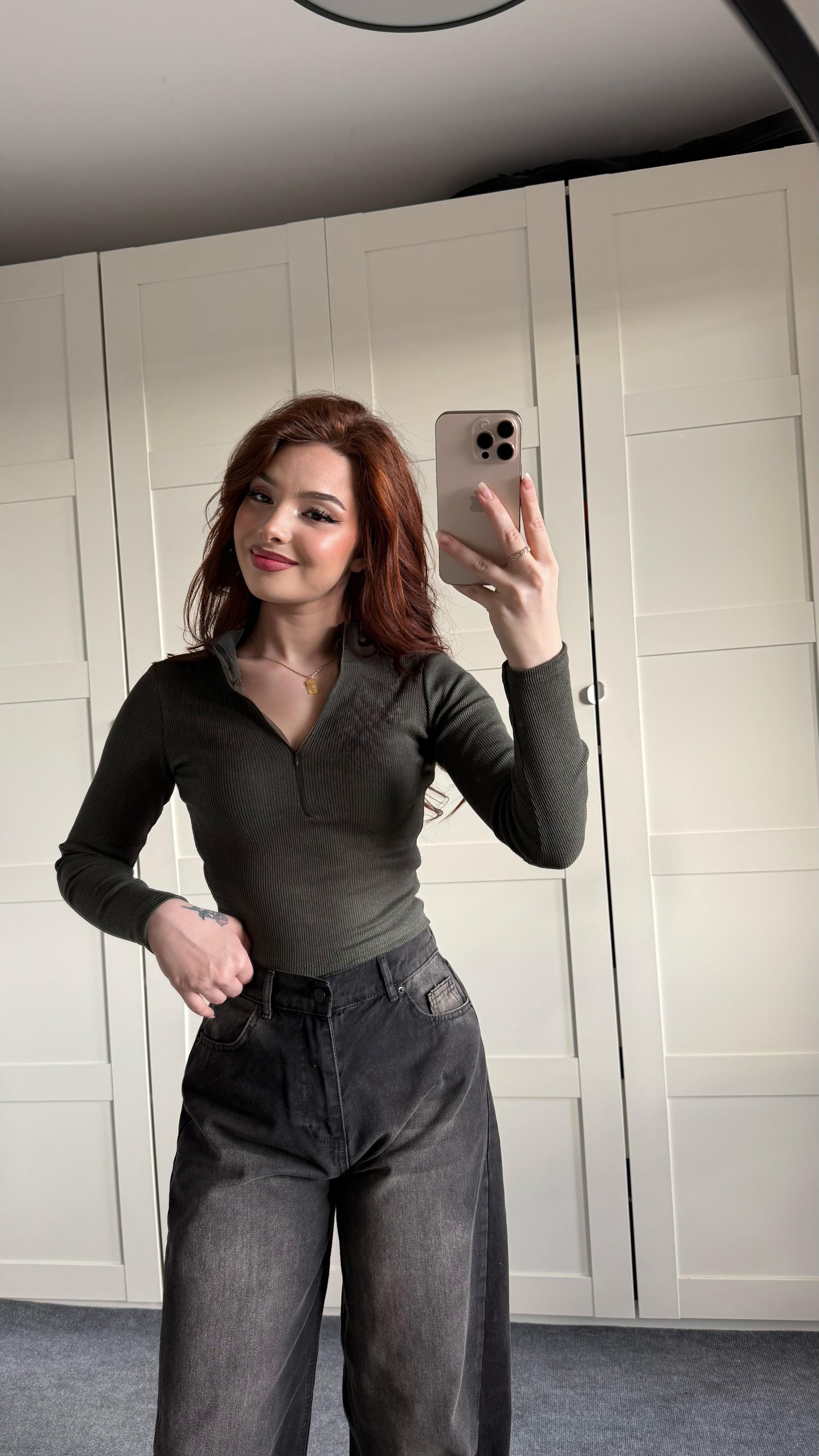 Fitilli Fermuarlı Crop Haki