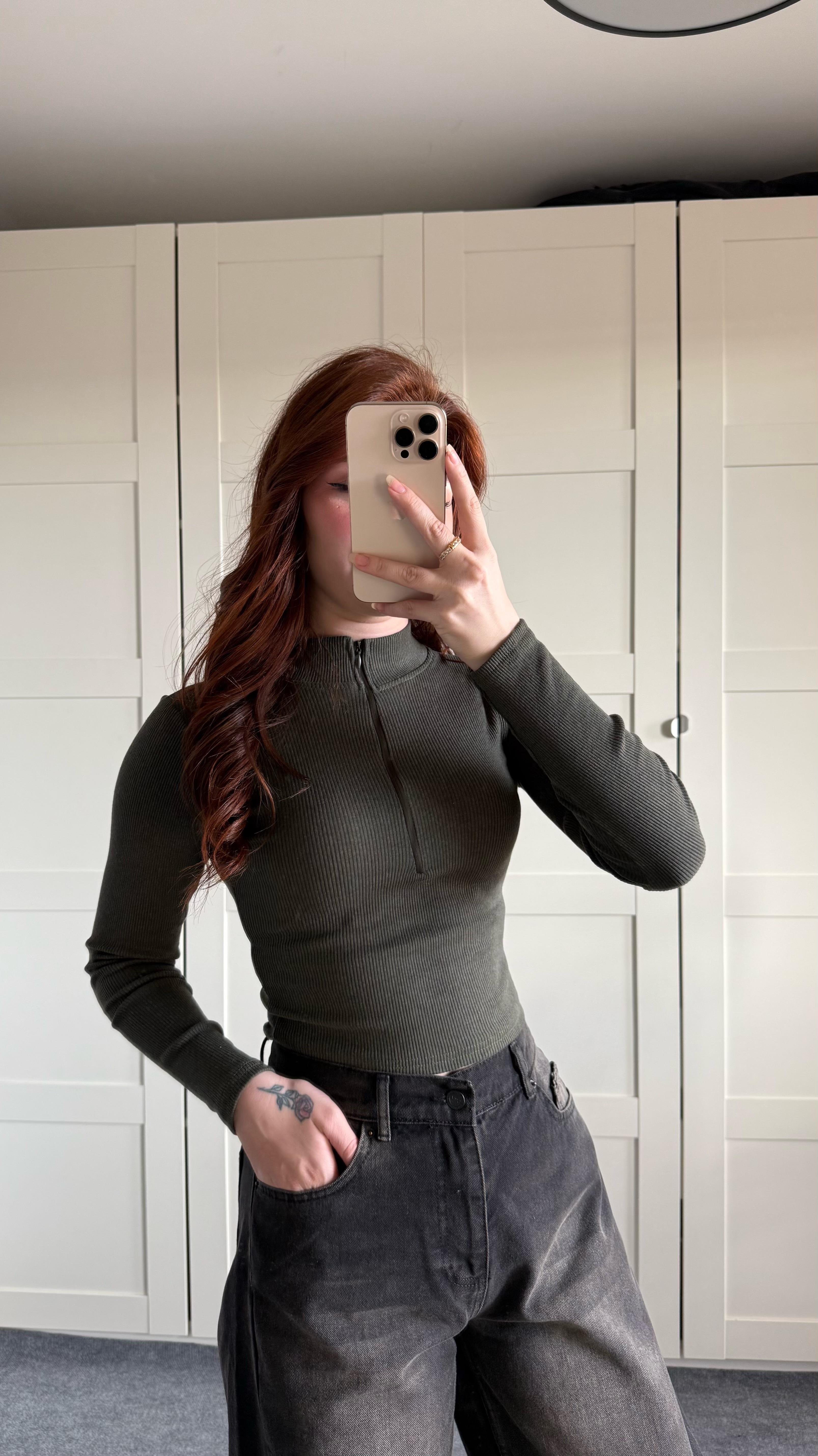 Fitilli Fermuarlı Crop Haki