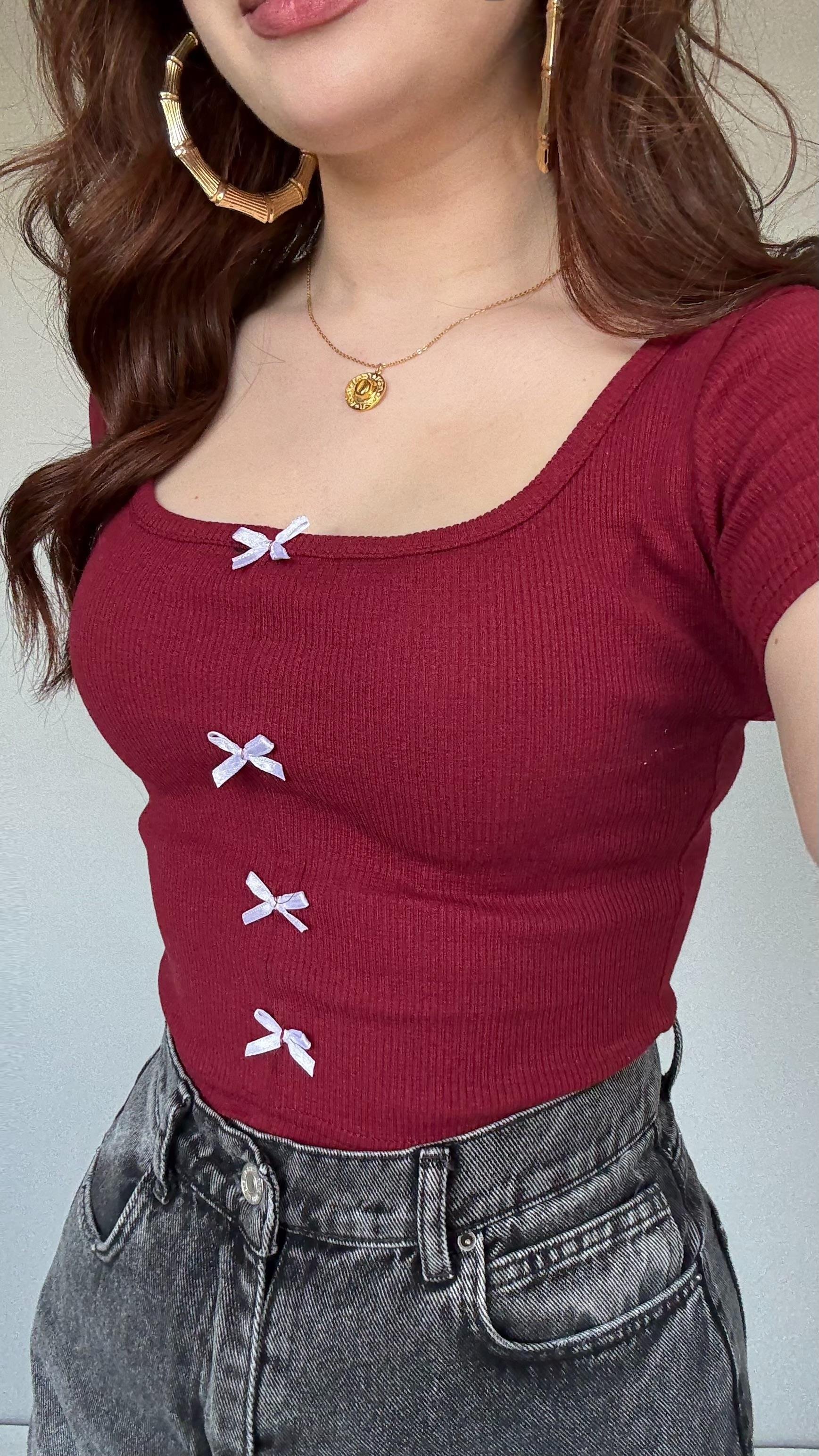 Fitilli Kurdeleli Crop Bordo