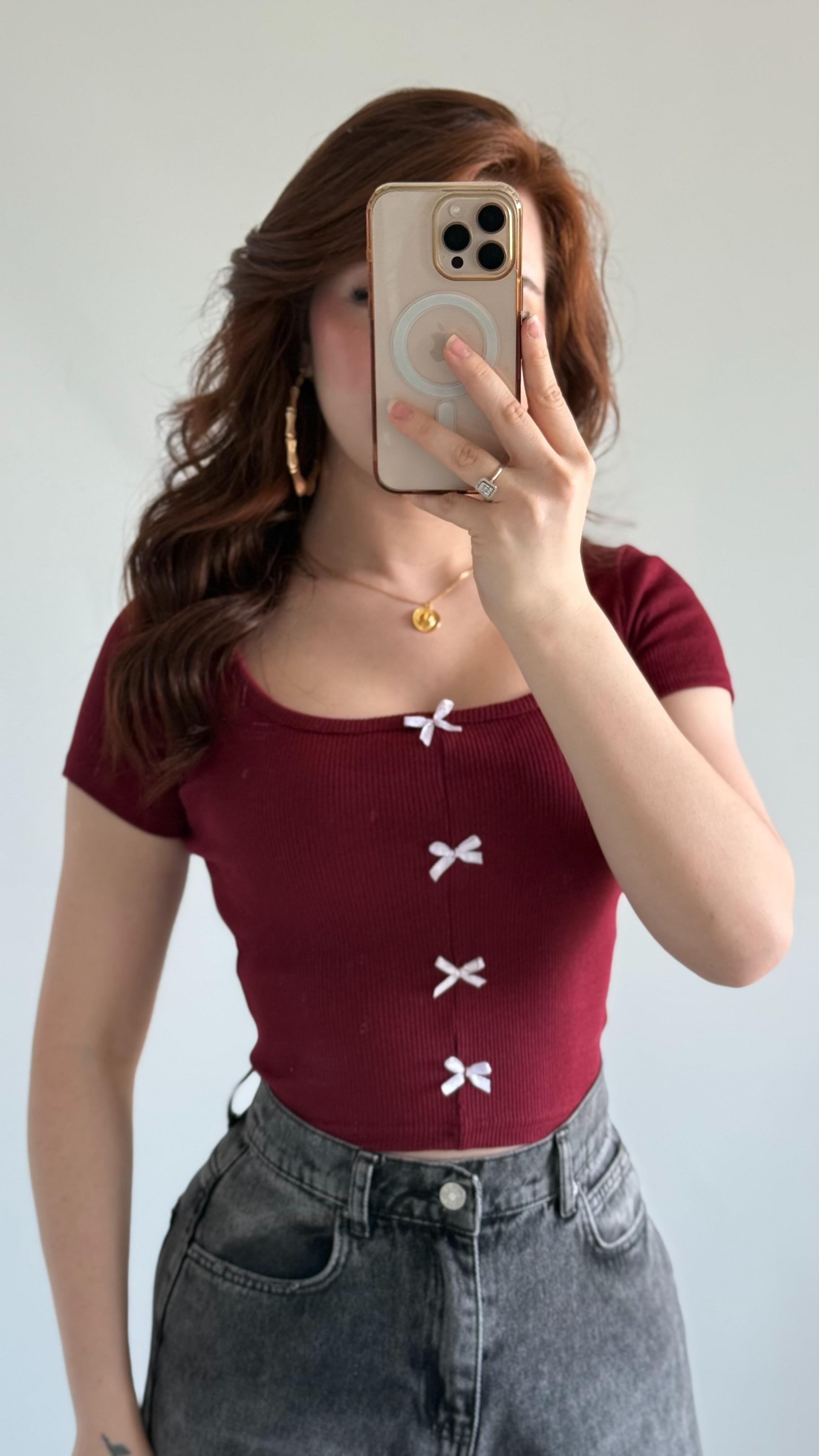 Fitilli Kurdeleli Crop Bordo