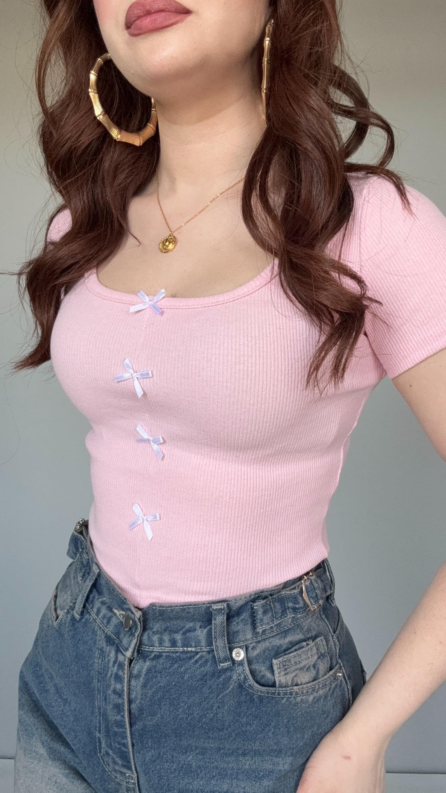 Fitilli Kurdeleli Crop Pembe