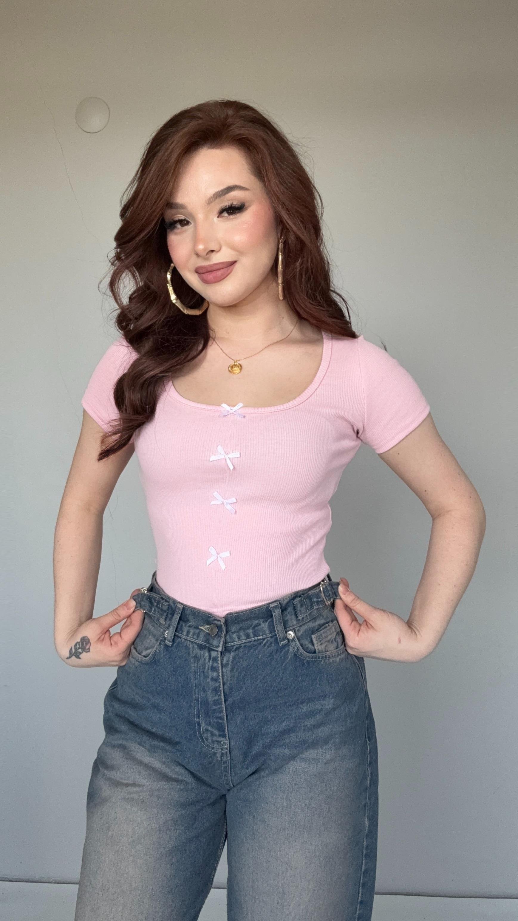 Fitilli Kurdeleli Crop Pembe