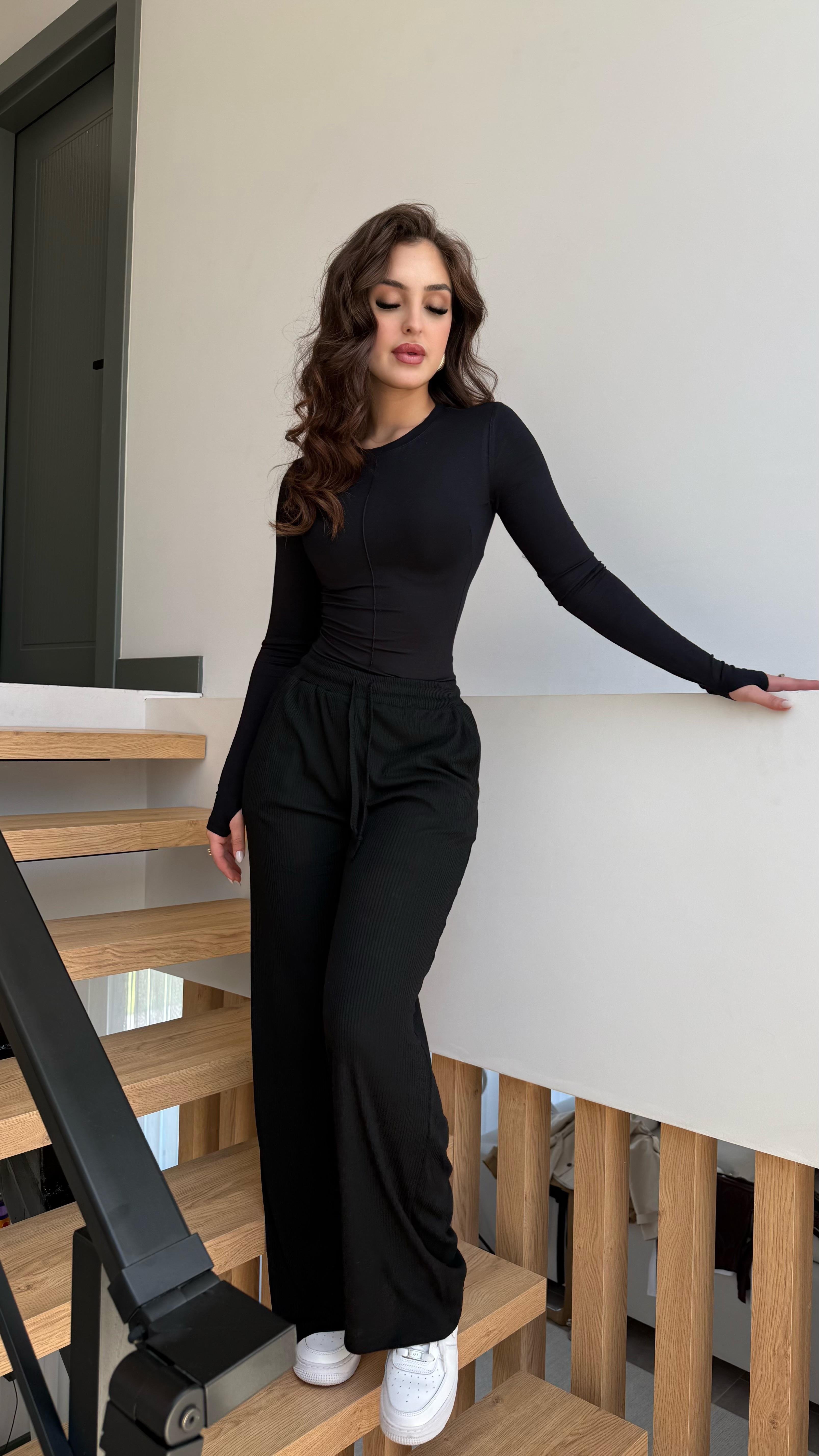 Fitilli Pamuklu Rahat Eşofman Siyah