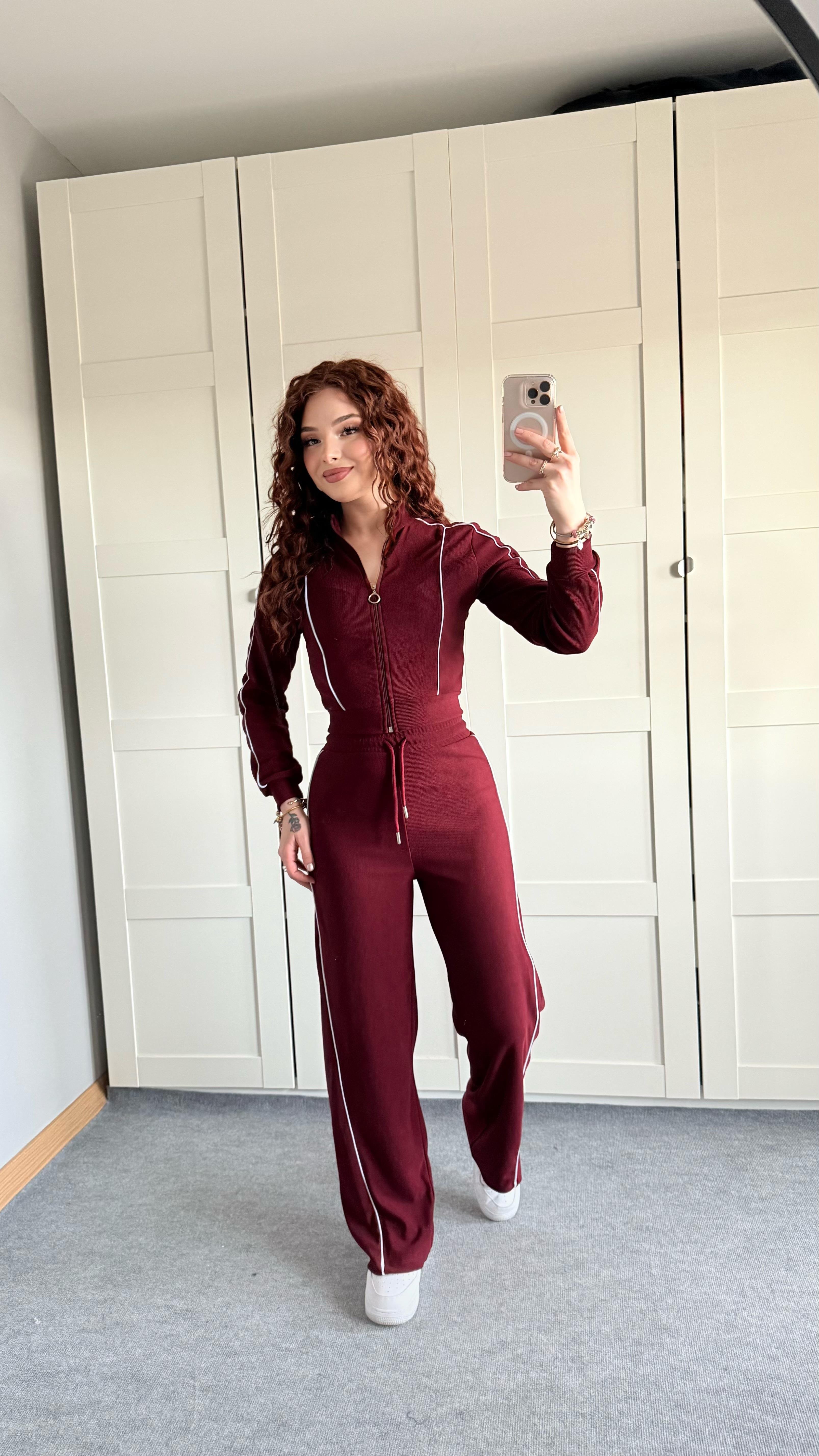 Fitilli Şeritli Hırka Takım Bordo