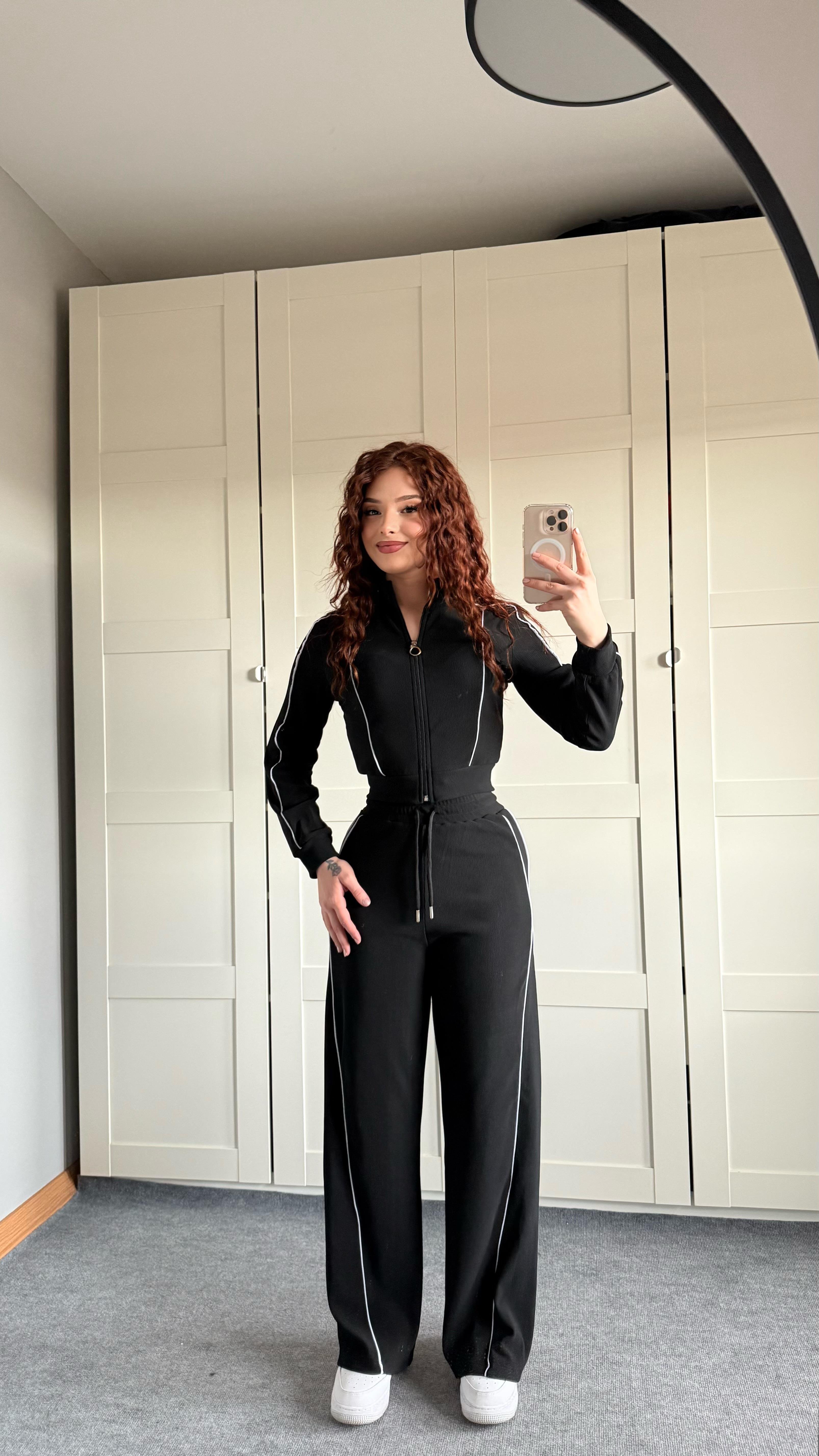 Fitilli Şeritli Hırka Takım Siyah