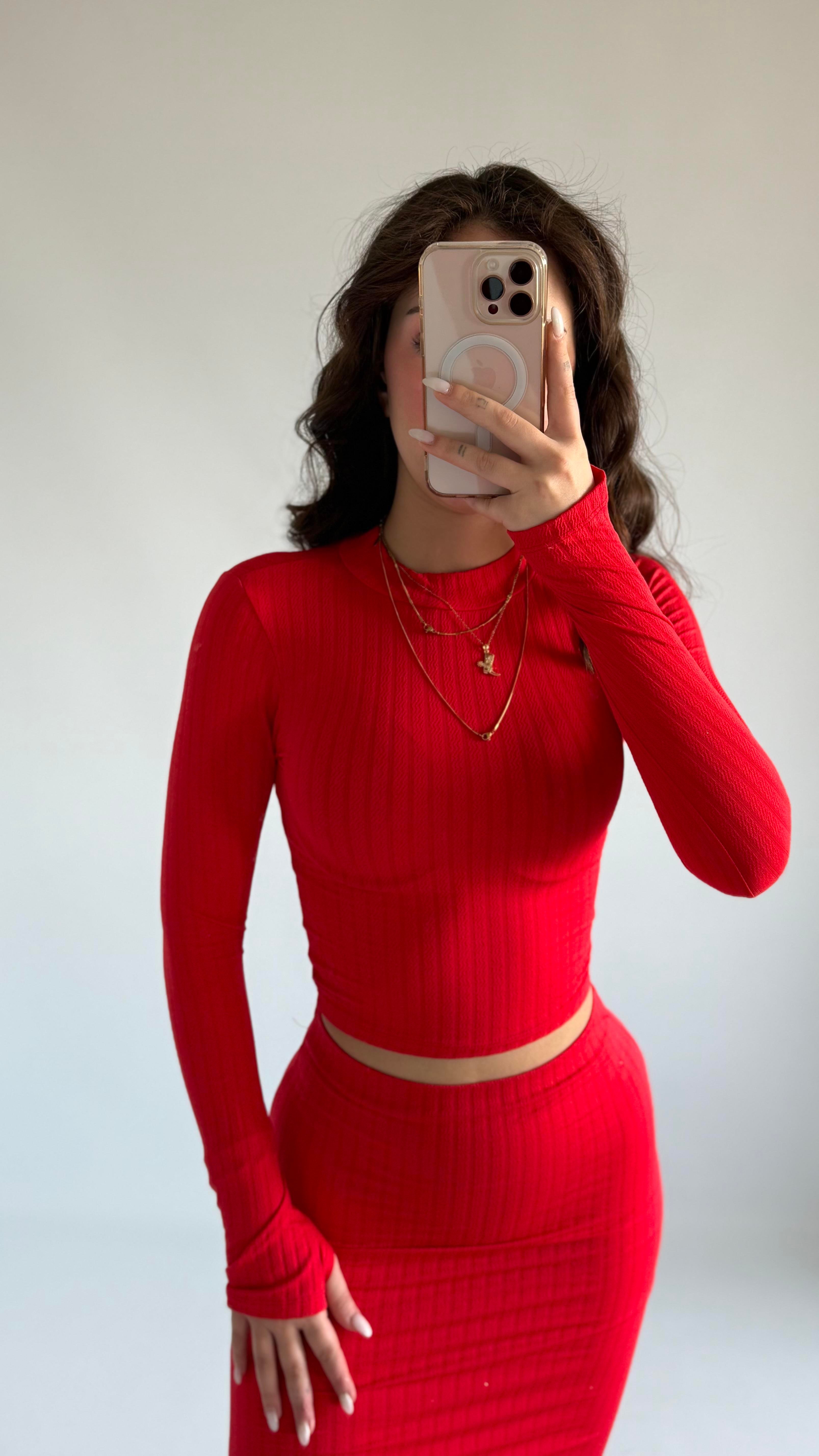 Fitilli Tayt Crop Kırmızı Kampanya