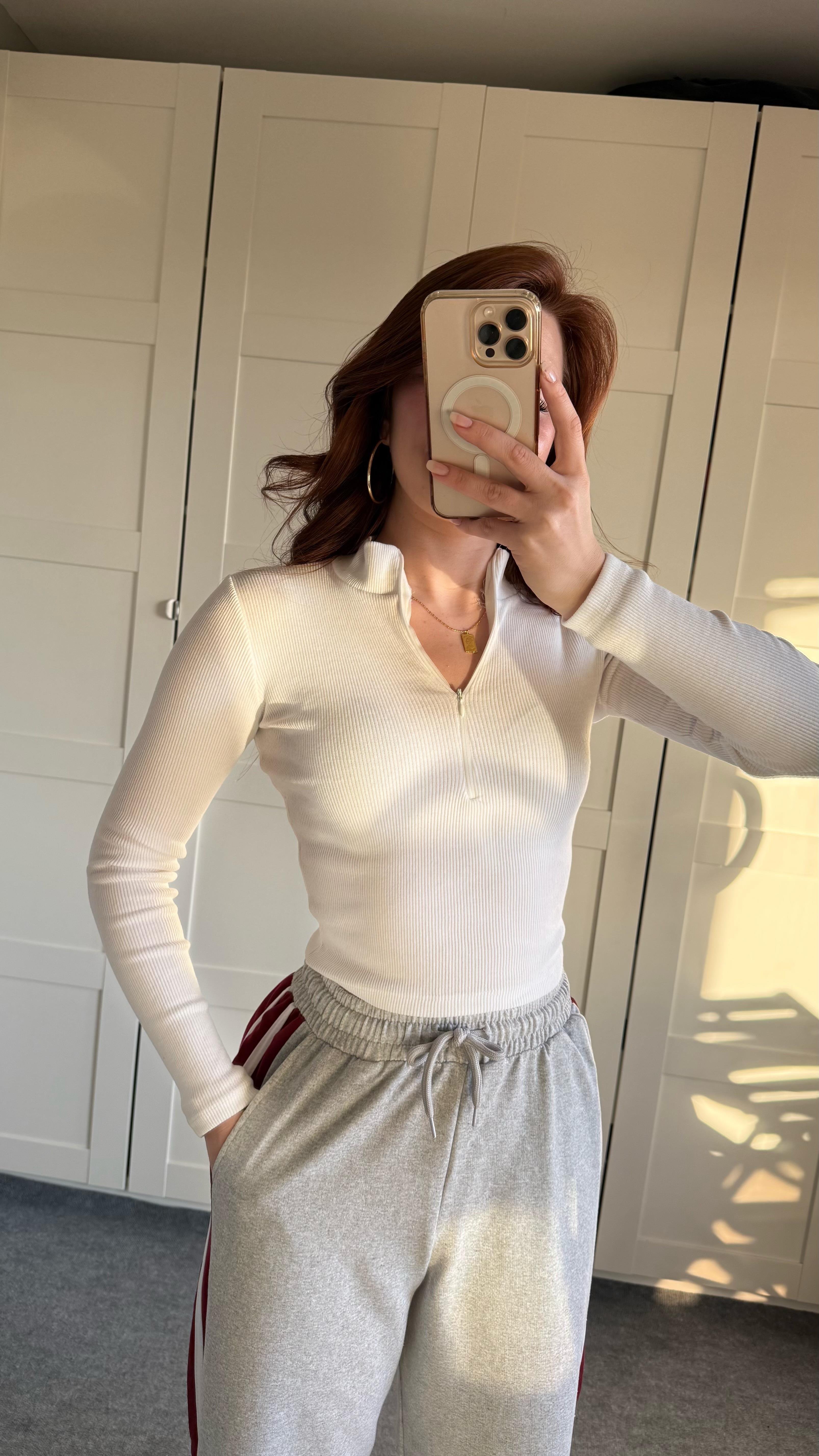 Fitlilli Fermuarlı Crop Beyaz
