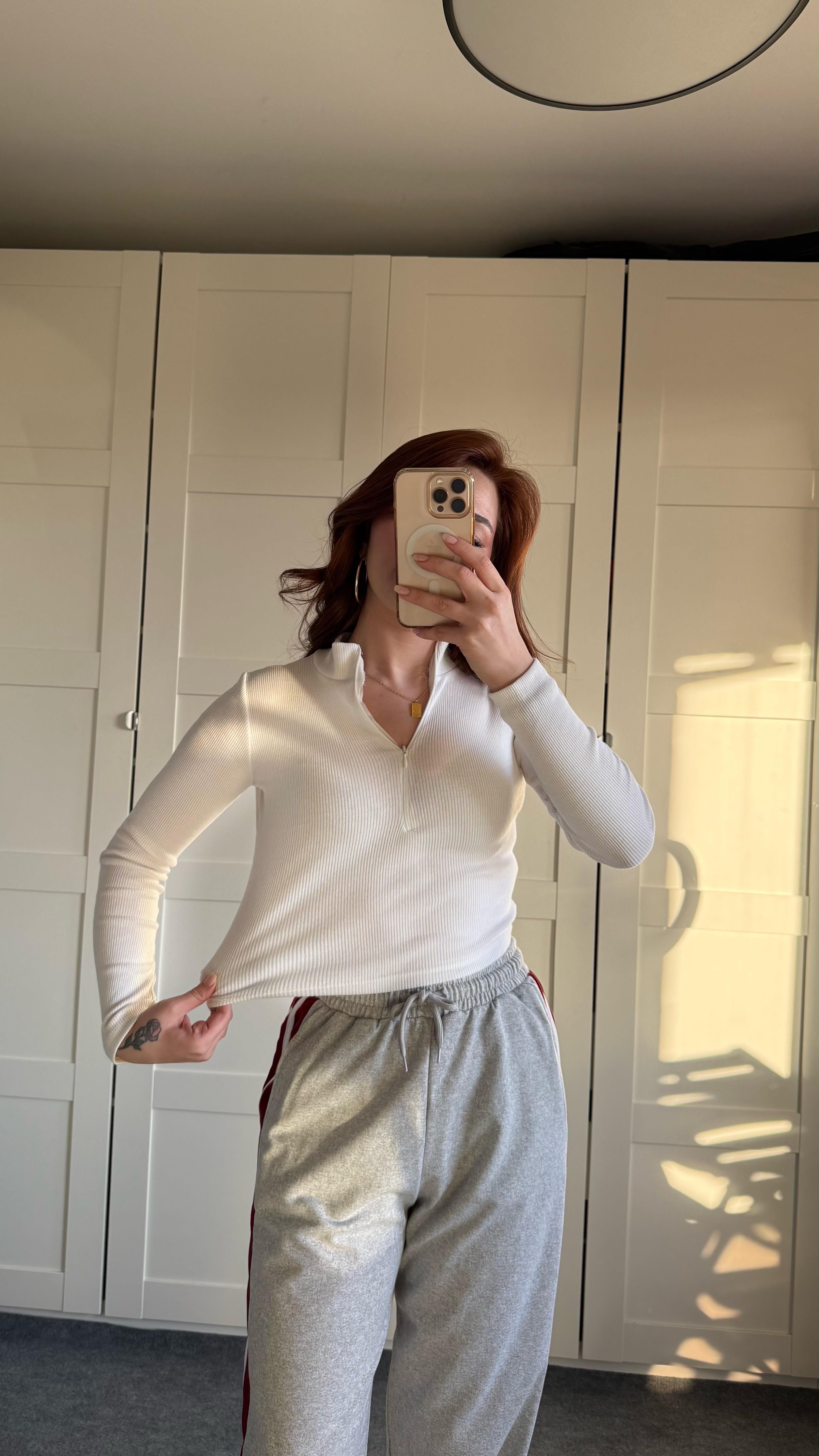 Fitlilli Fermuarlı Crop Beyaz