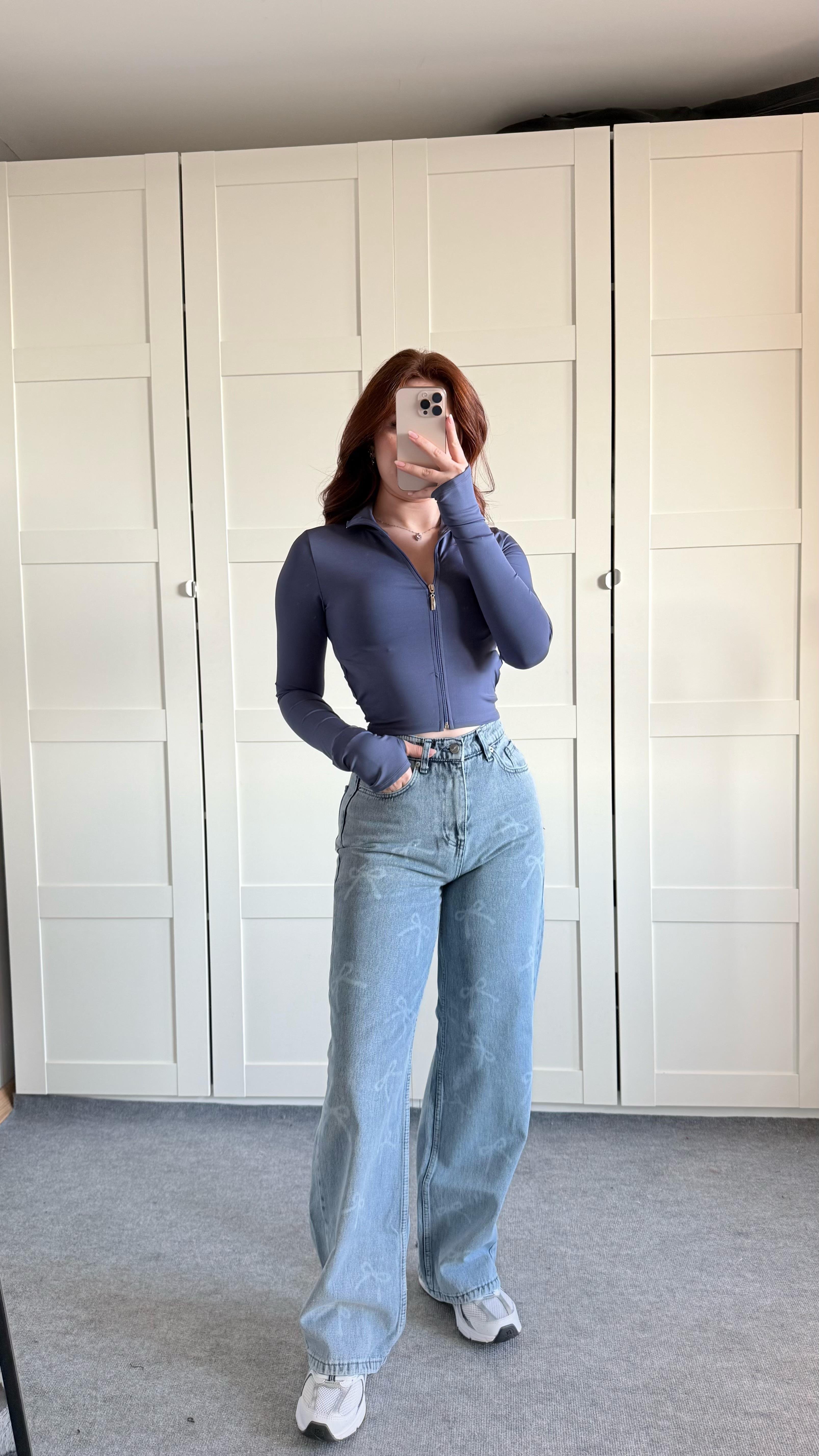 Fiyonk Minik Baskılı Buz Mavisi Yüksek Bel Jean