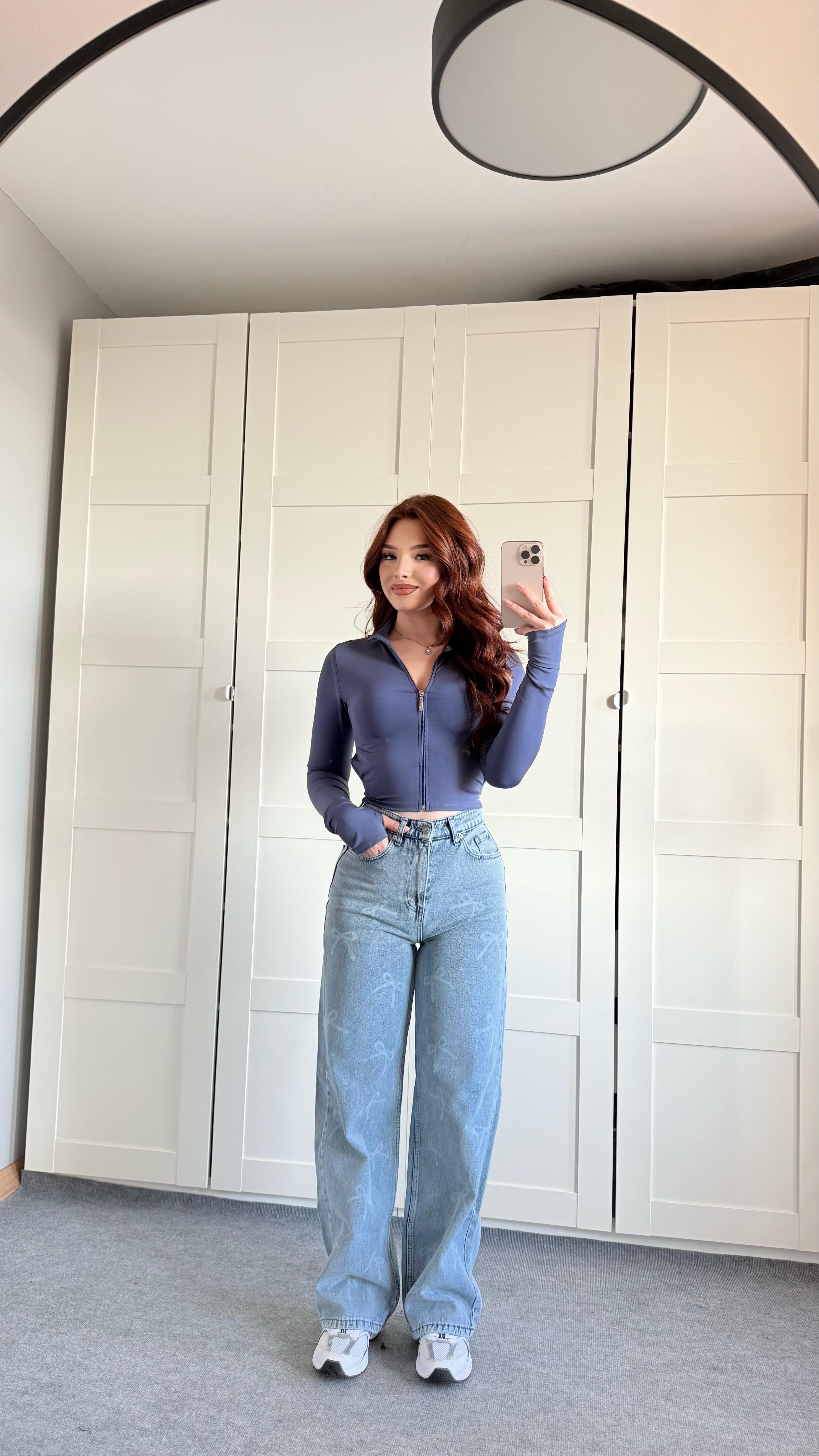 Fiyonk Minik Baskılı Buz Mavisi Yüksek Bel Jean