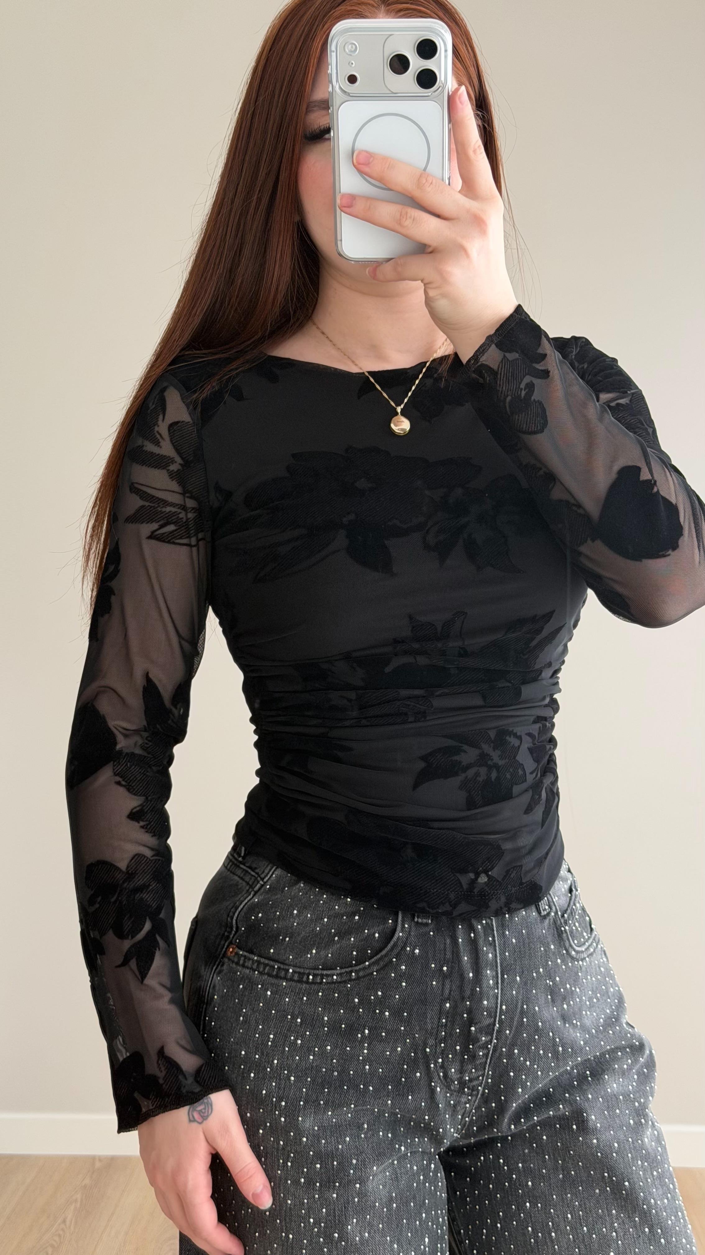 Flok İçi Astarlı Bluz Siyah