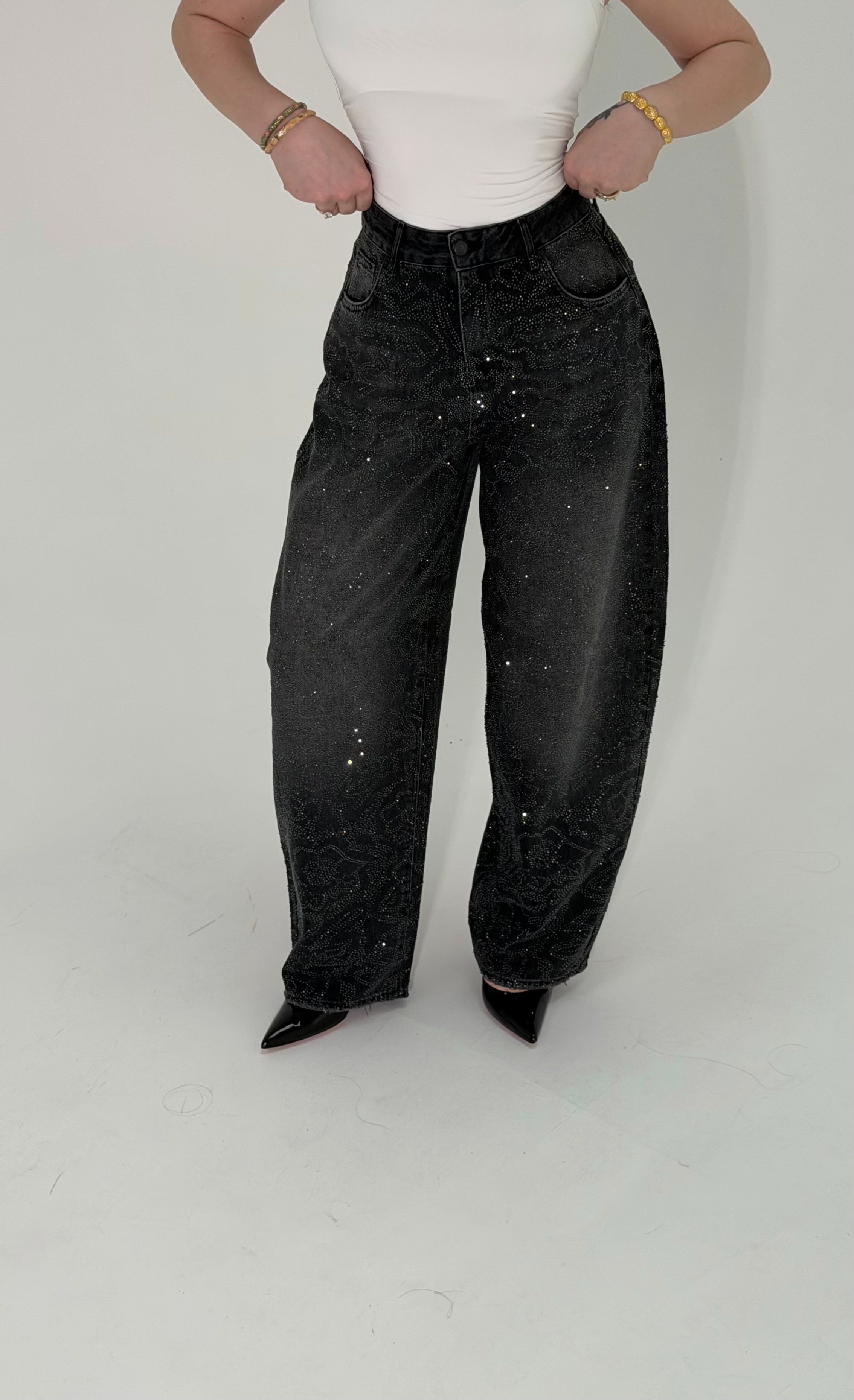 Flower Taşlı Baggy Pantolon Füme 