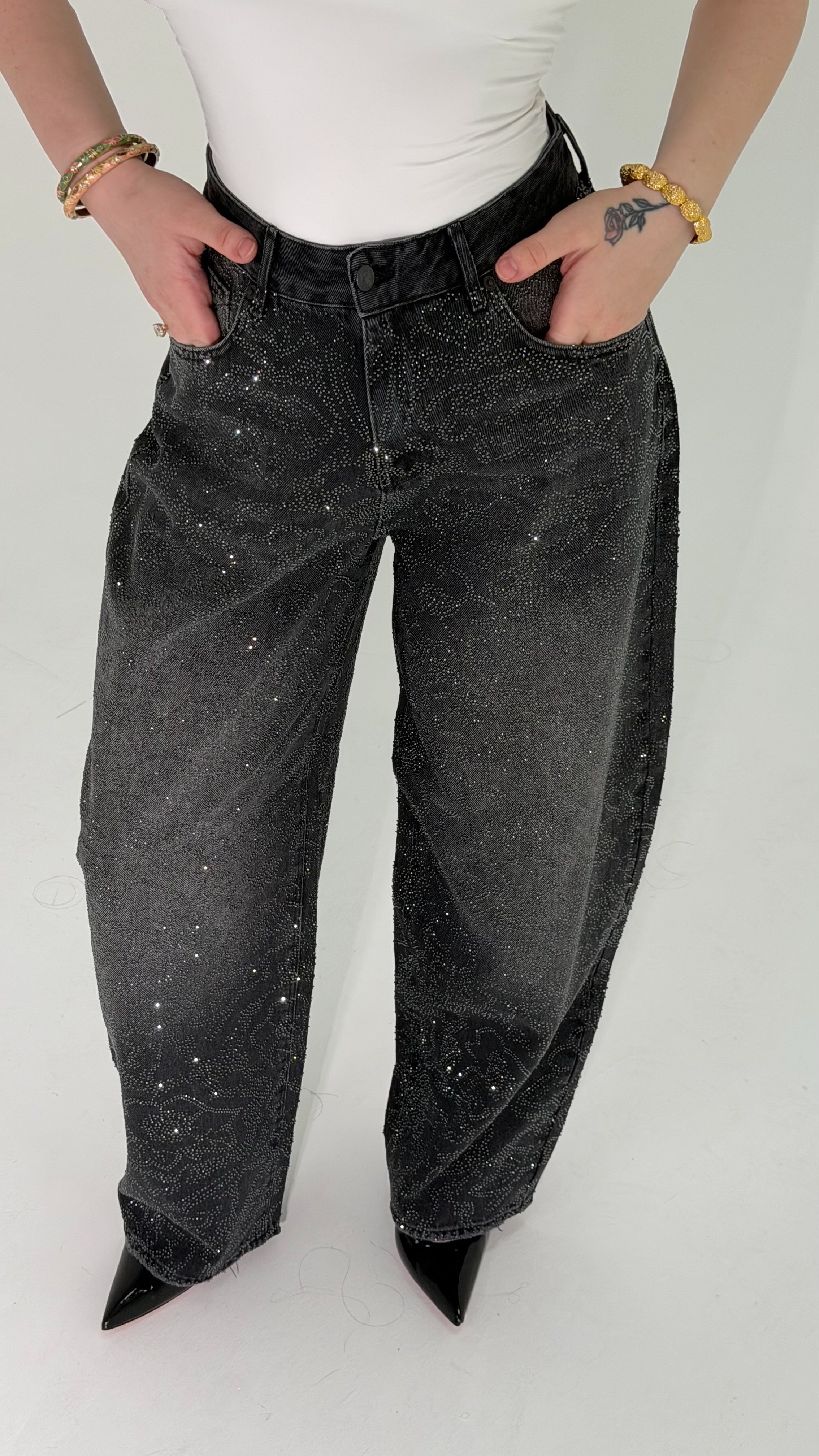 Flower Taşlı Baggy Pantolon Füme 