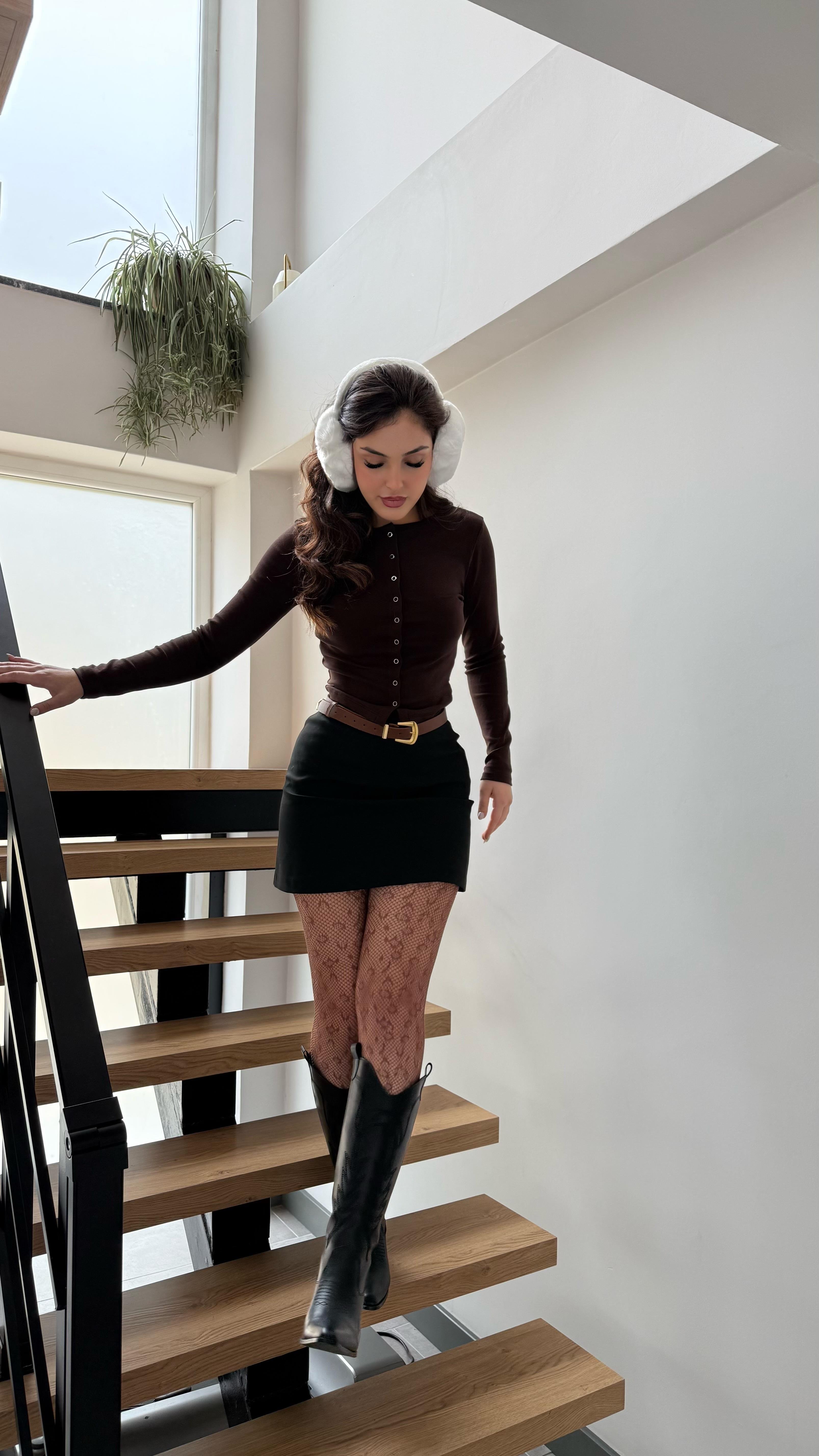 Ful Çıtçıtlı Pamuklu Bluz Kahverengi