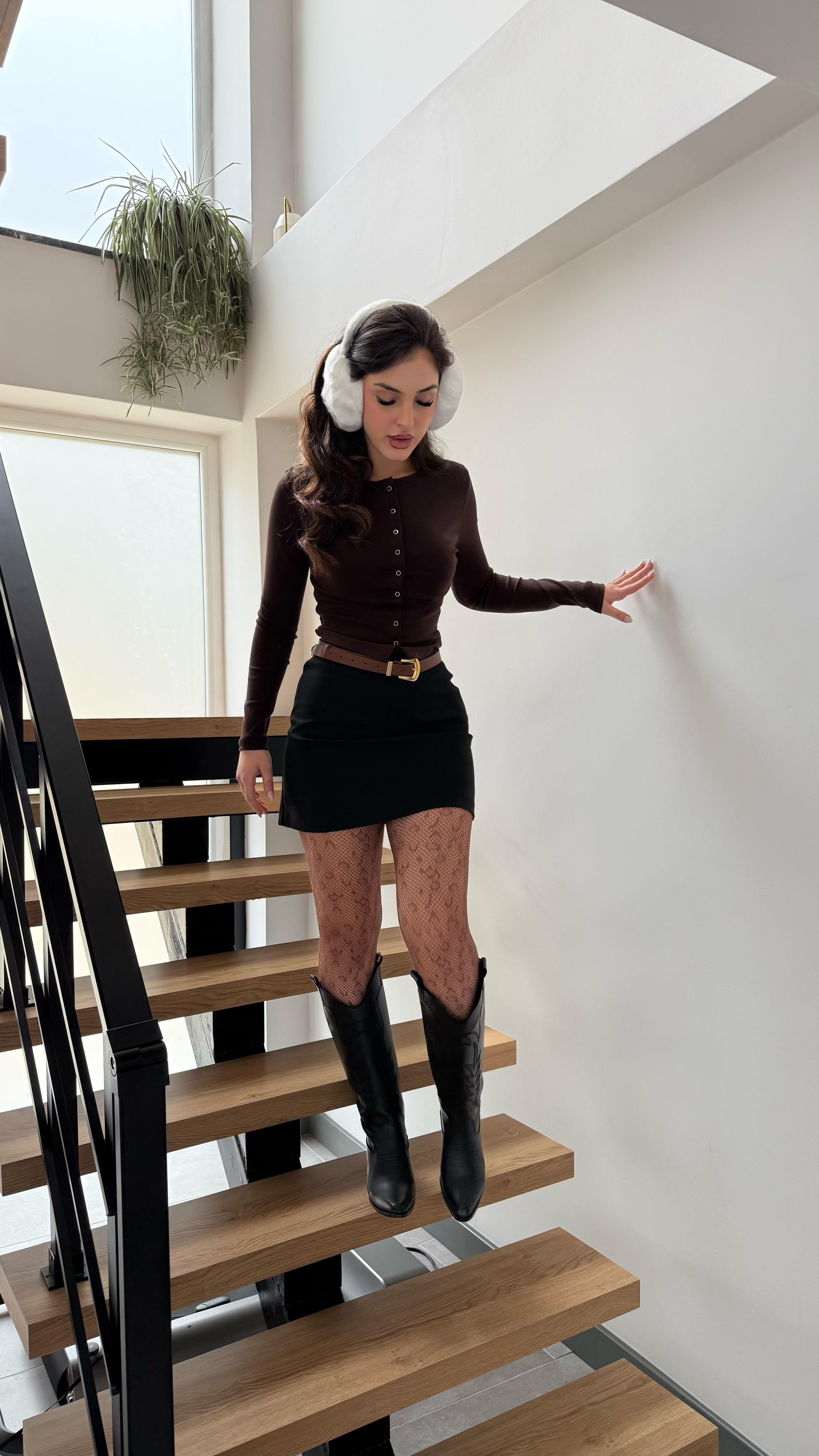 Ful Çıtçıtlı Pamuklu Bluz Kahverengi