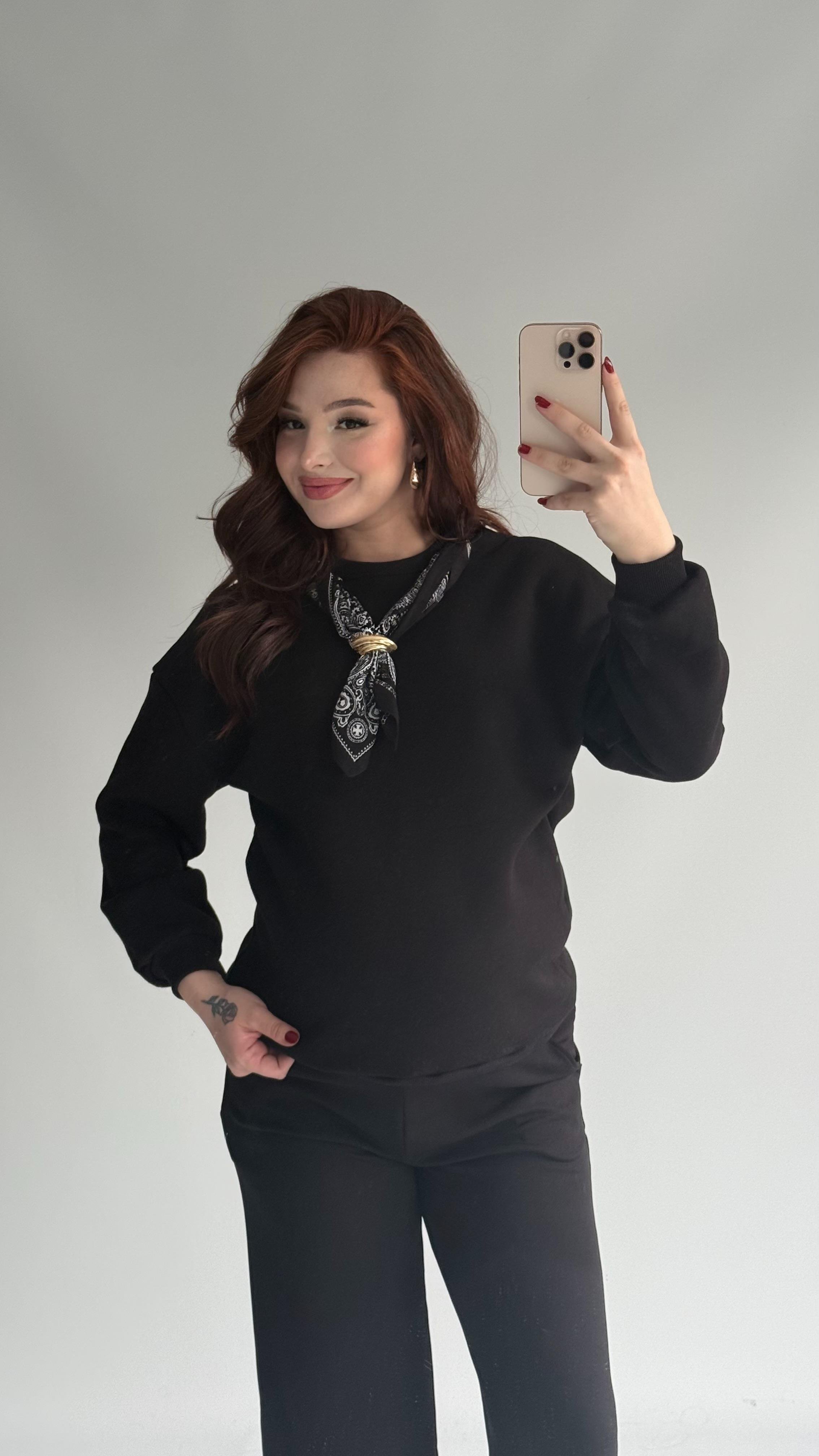 Fularlı Üç İplik Sweat Siyah