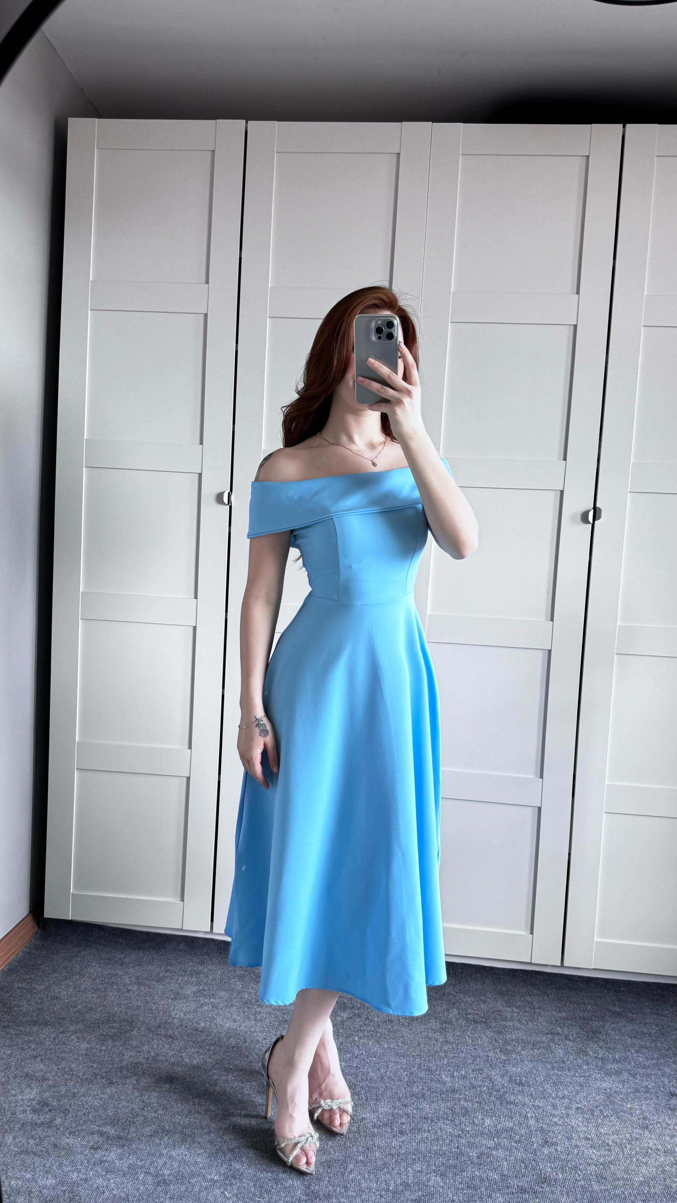 Gala Kayık Omuz Bebe Mavisi Elbise