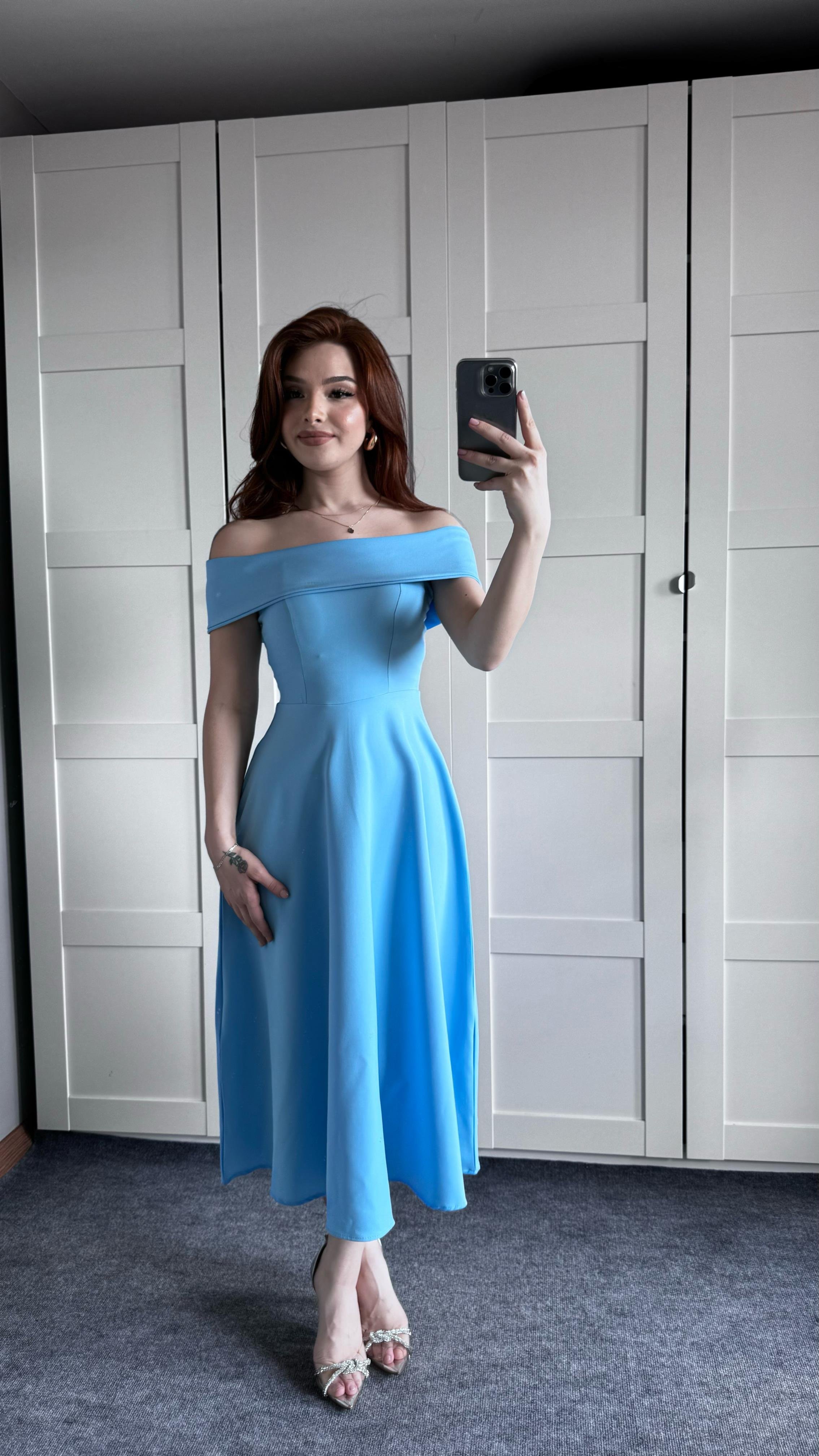 Gala Kayık Omuz Bebe Mavisi Elbise