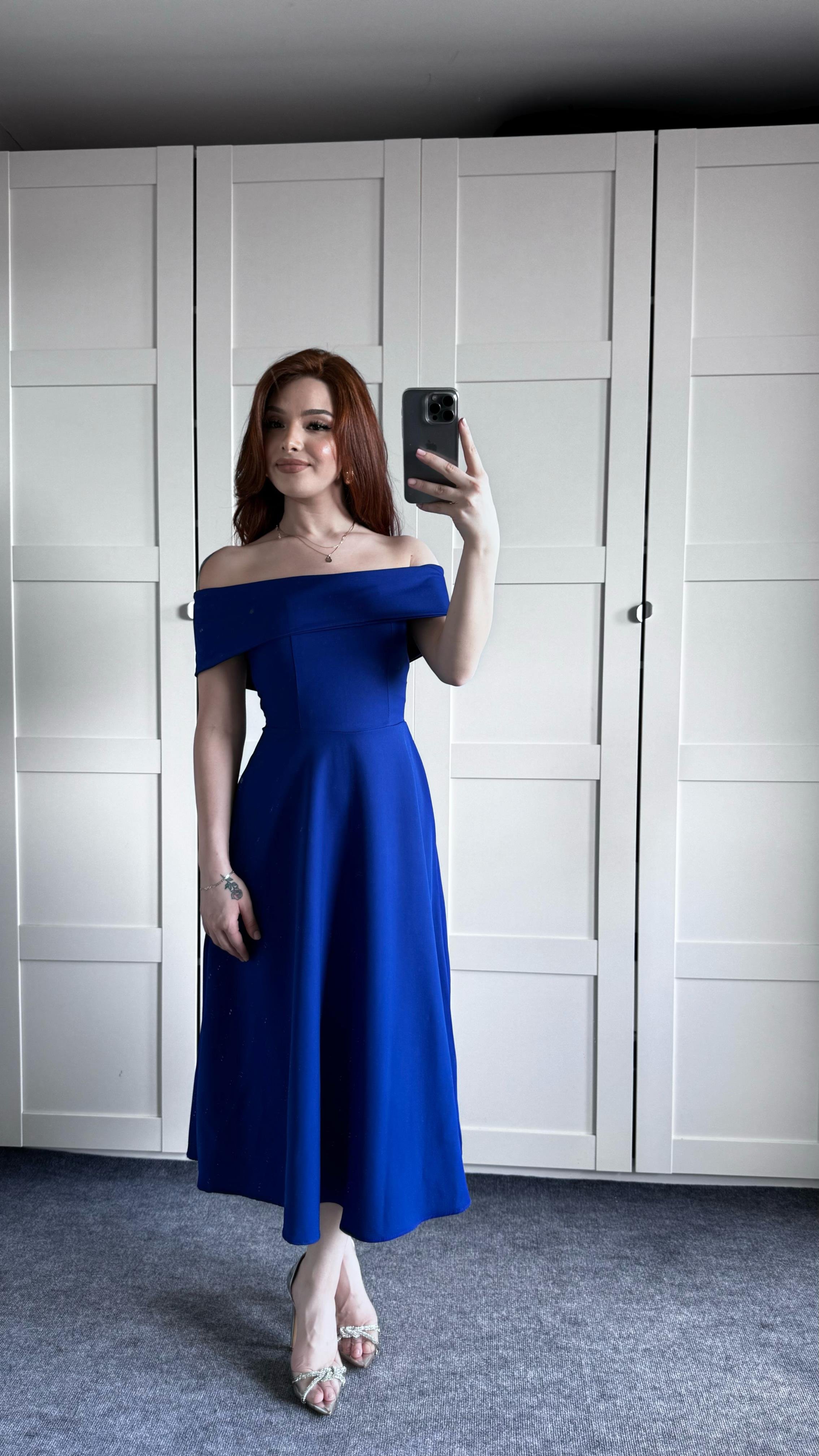 Gala Kayık Omuz Saks Mavisi Elbise