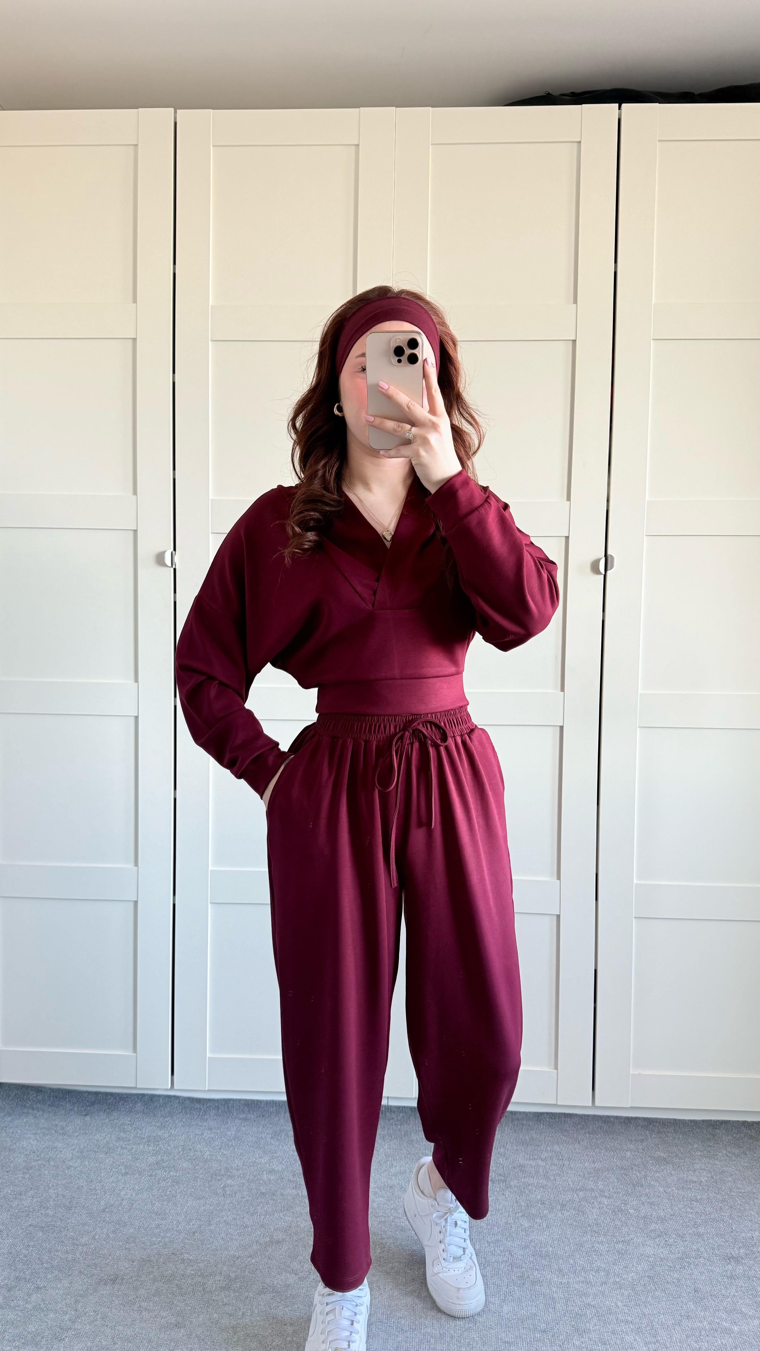 Geniş Eşofman Kapüşonlu Takım Bordo