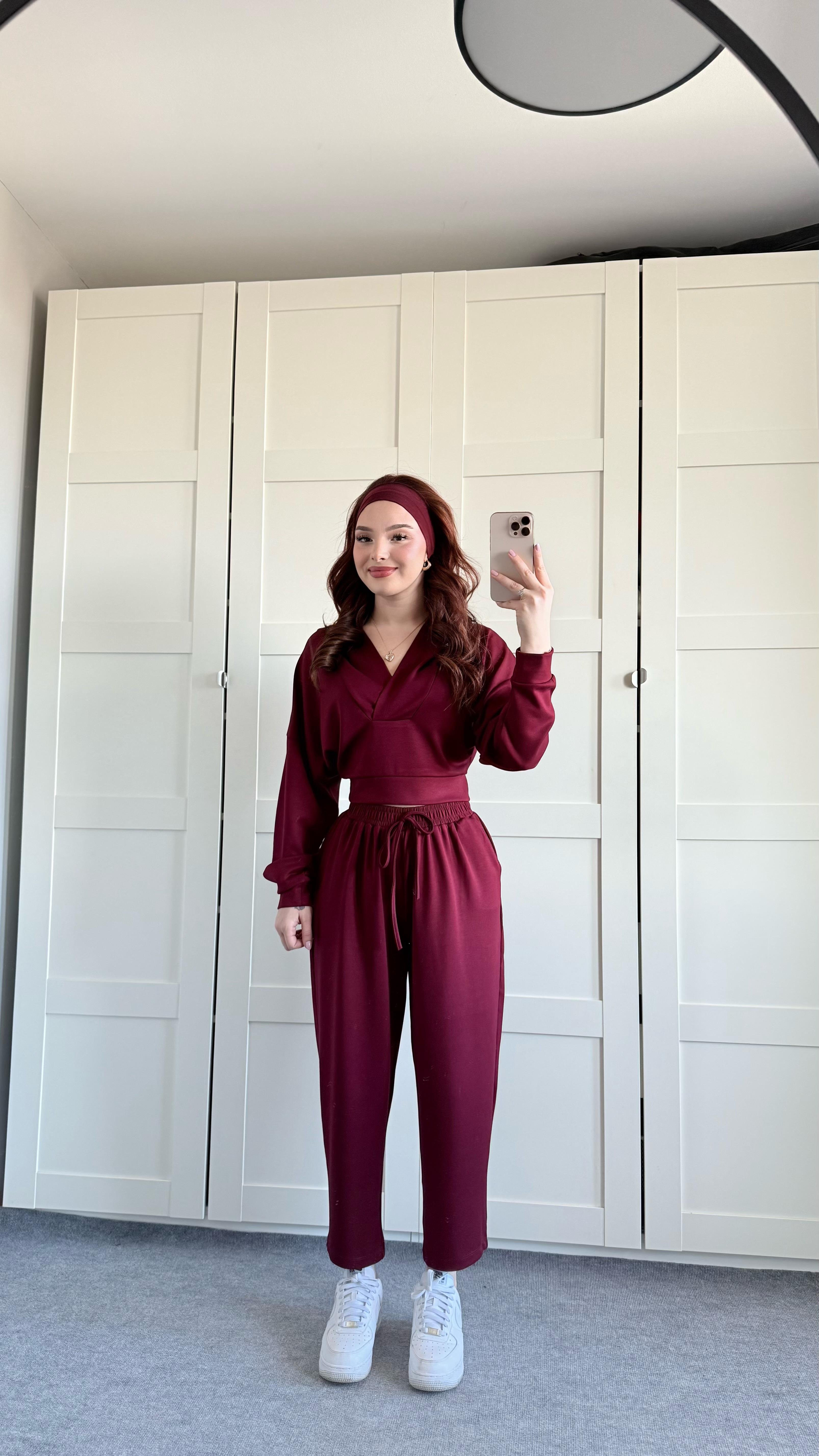 Geniş Eşofman Kapüşonlu Takım Bordo
