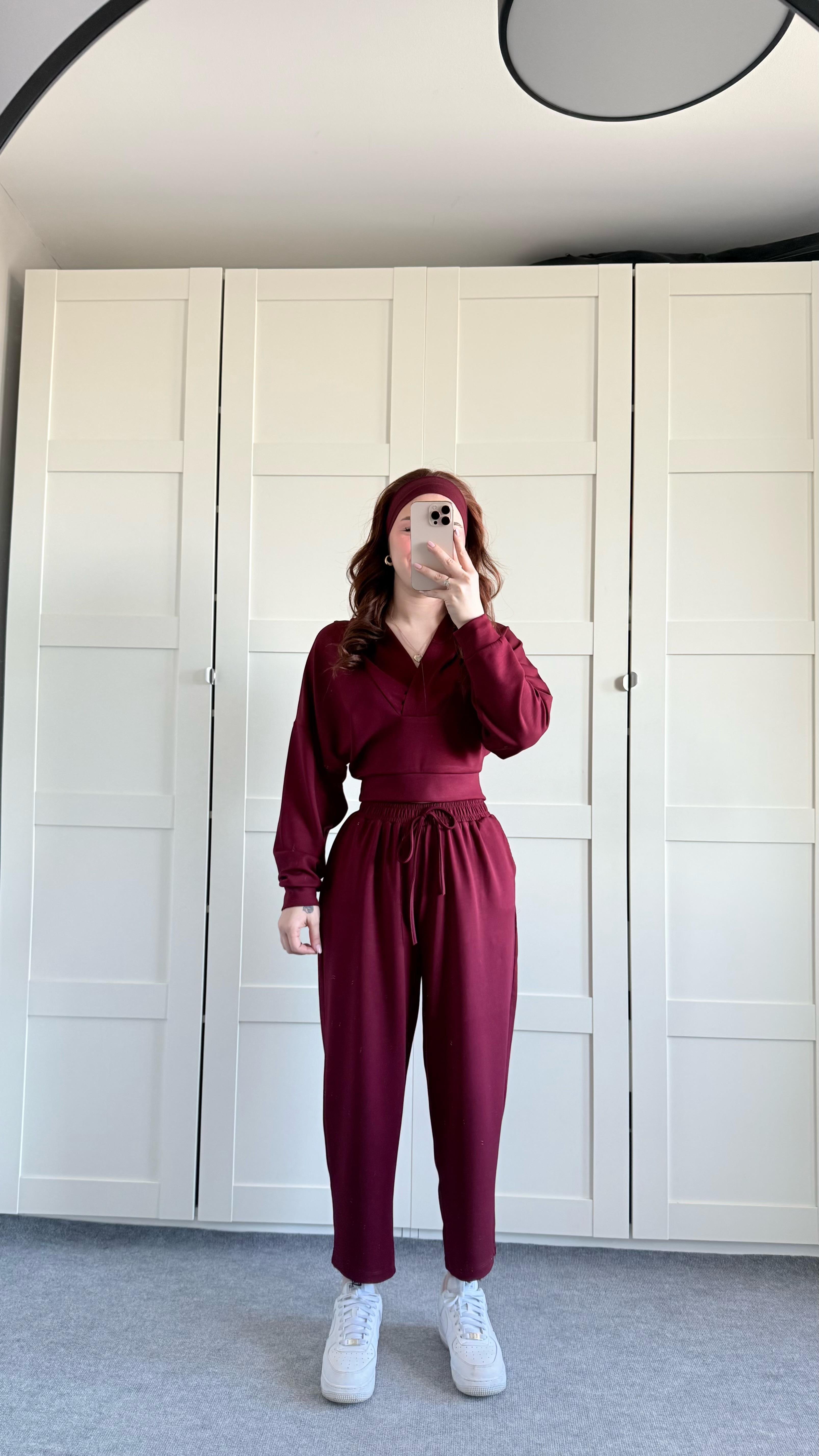 Geniş Eşofman Kapüşonlu Takım Bordo