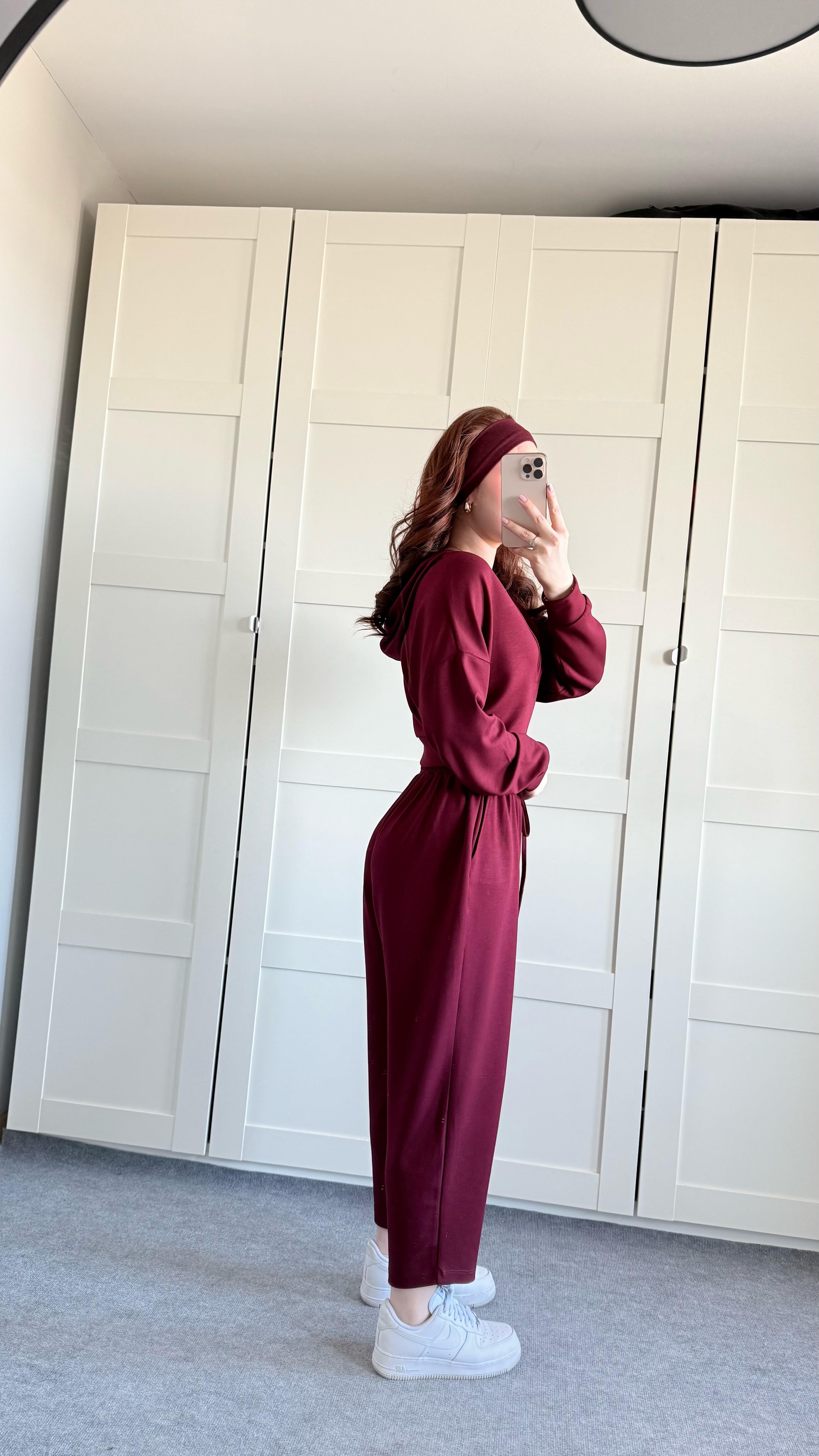 Geniş Eşofman Kapüşonlu Takım Bordo
