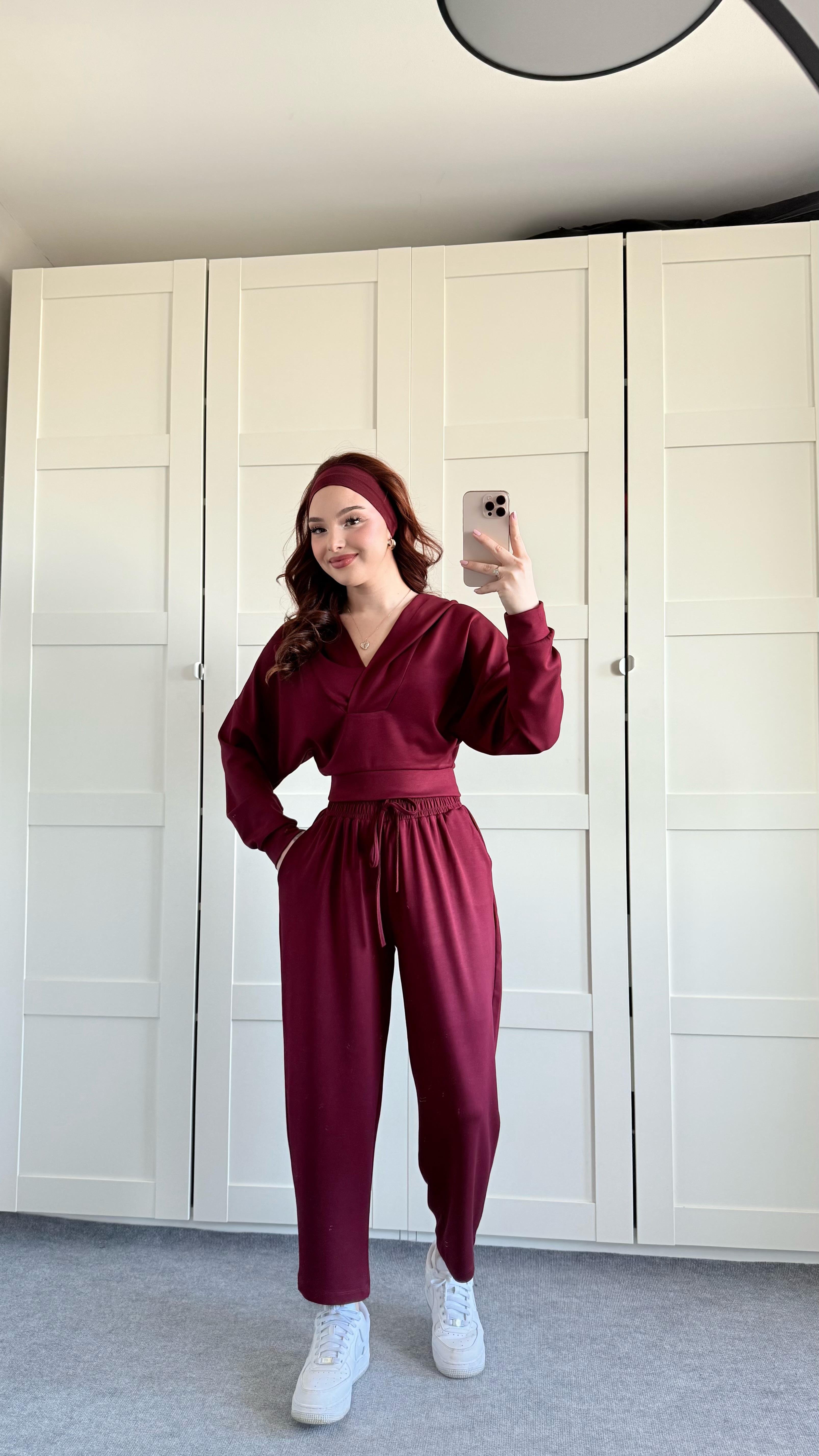 Geniş Eşofman Kapüşonlu Takım Bordo