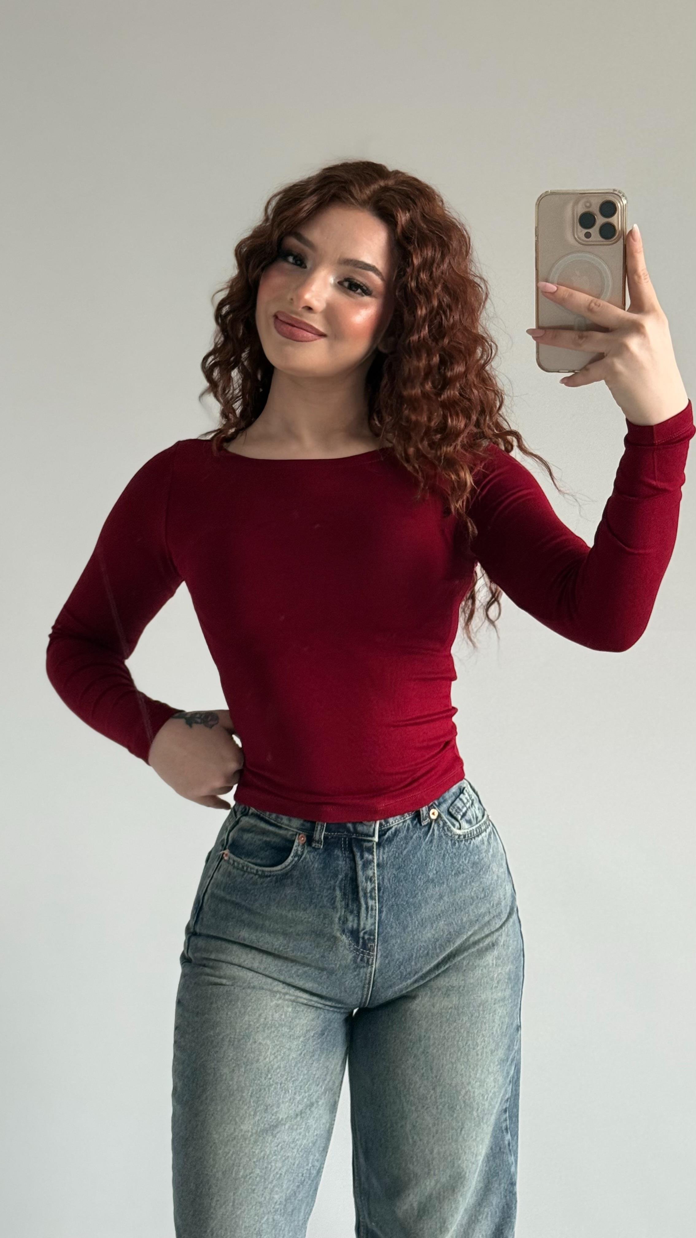 Geniş Oval Yaka Pamuklu Bluz Bordo