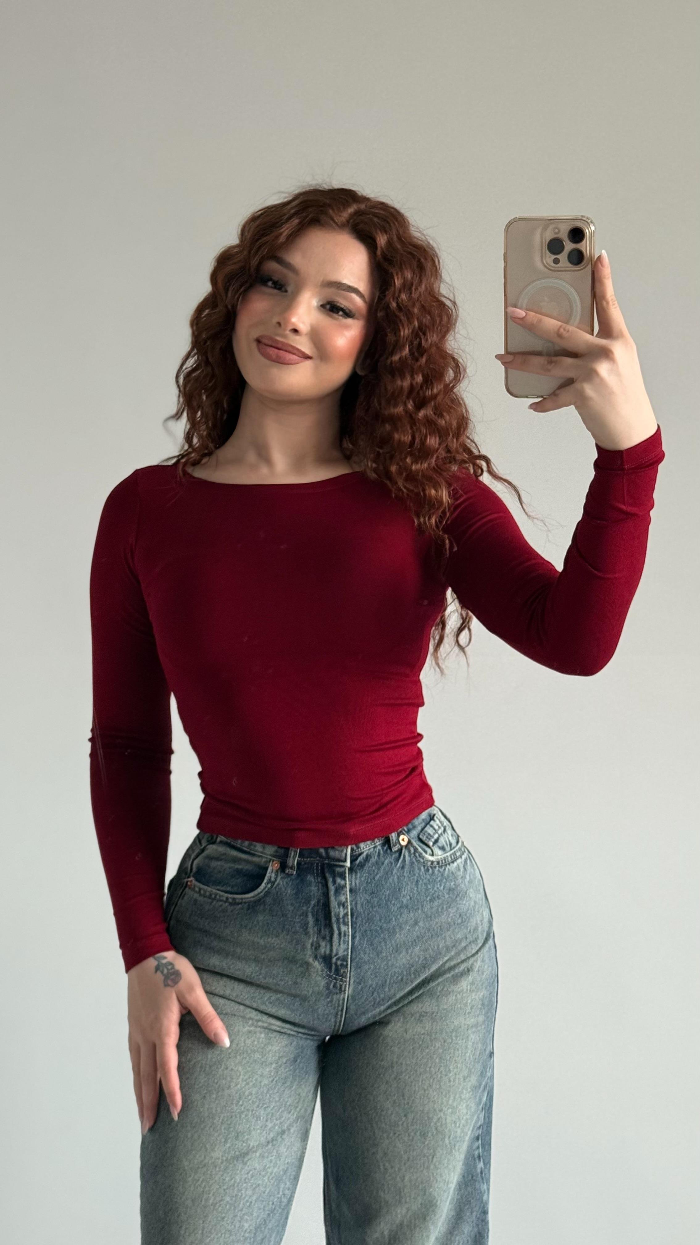 Geniş Oval Yaka Pamuklu Bluz Bordo