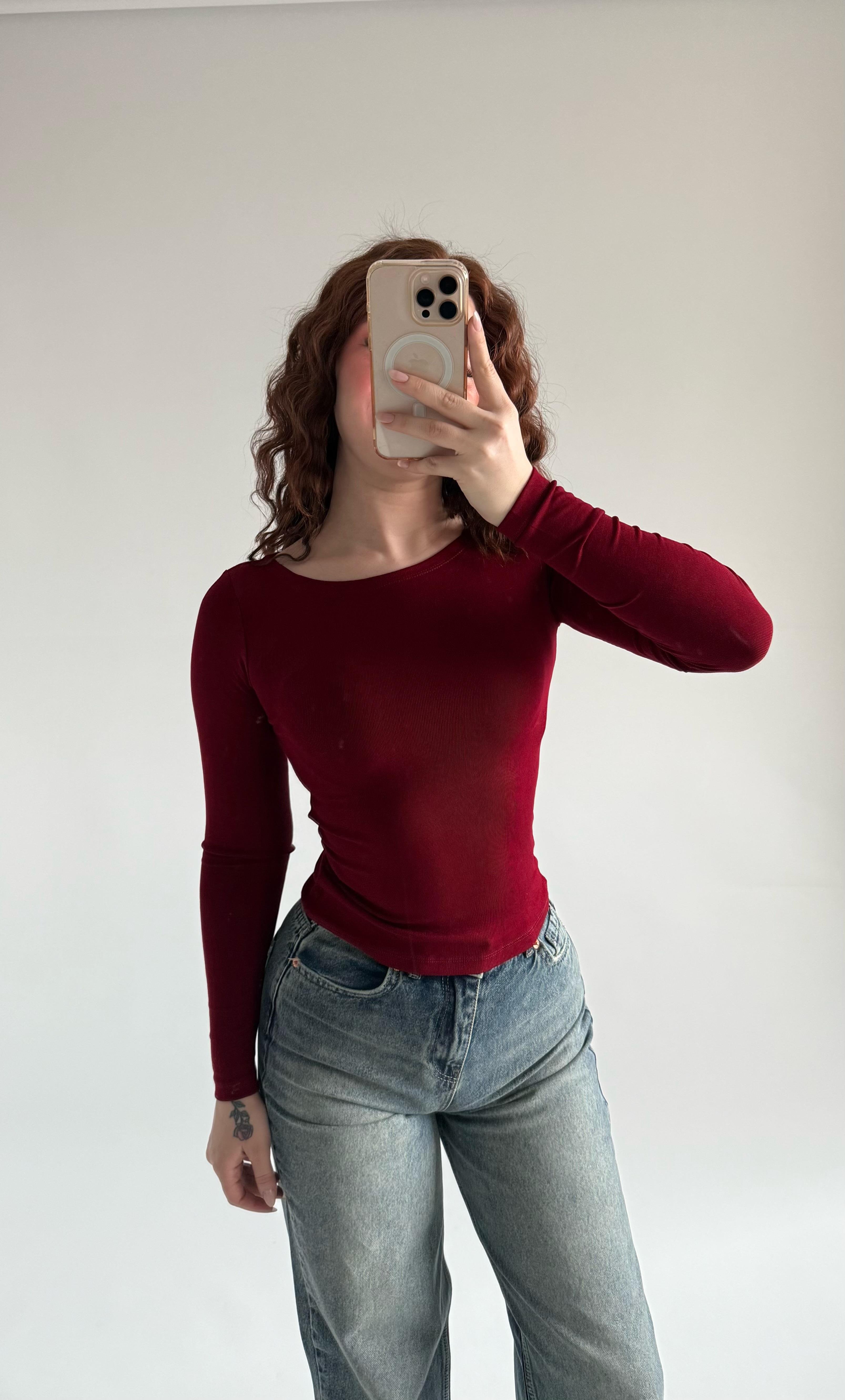Geniş Oval Yaka Pamuklu Bluz Bordo