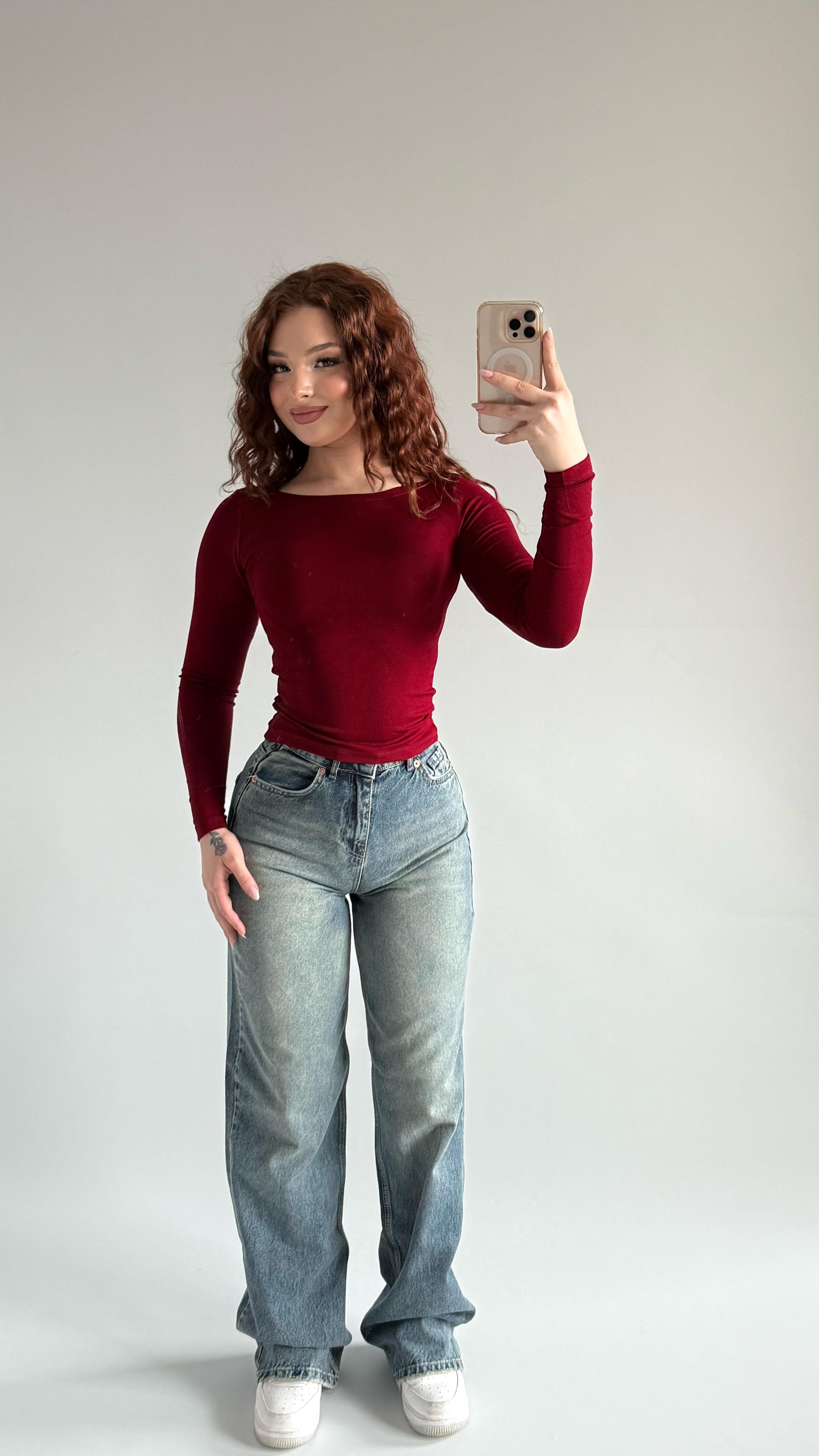 Geniş Oval Yaka Pamuklu Bluz Bordo