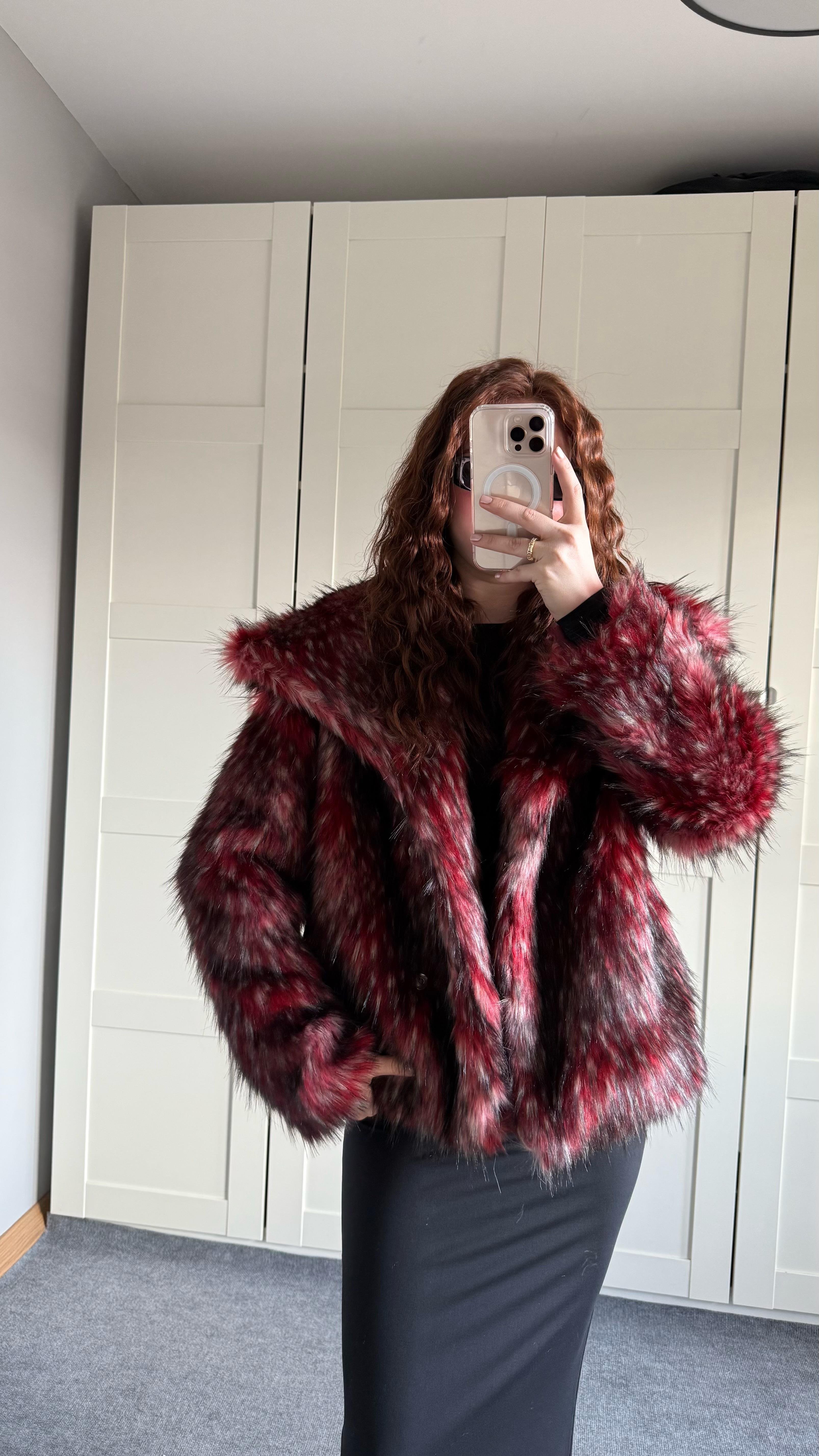 Geniş Yaka Luxury Bordo Kürk