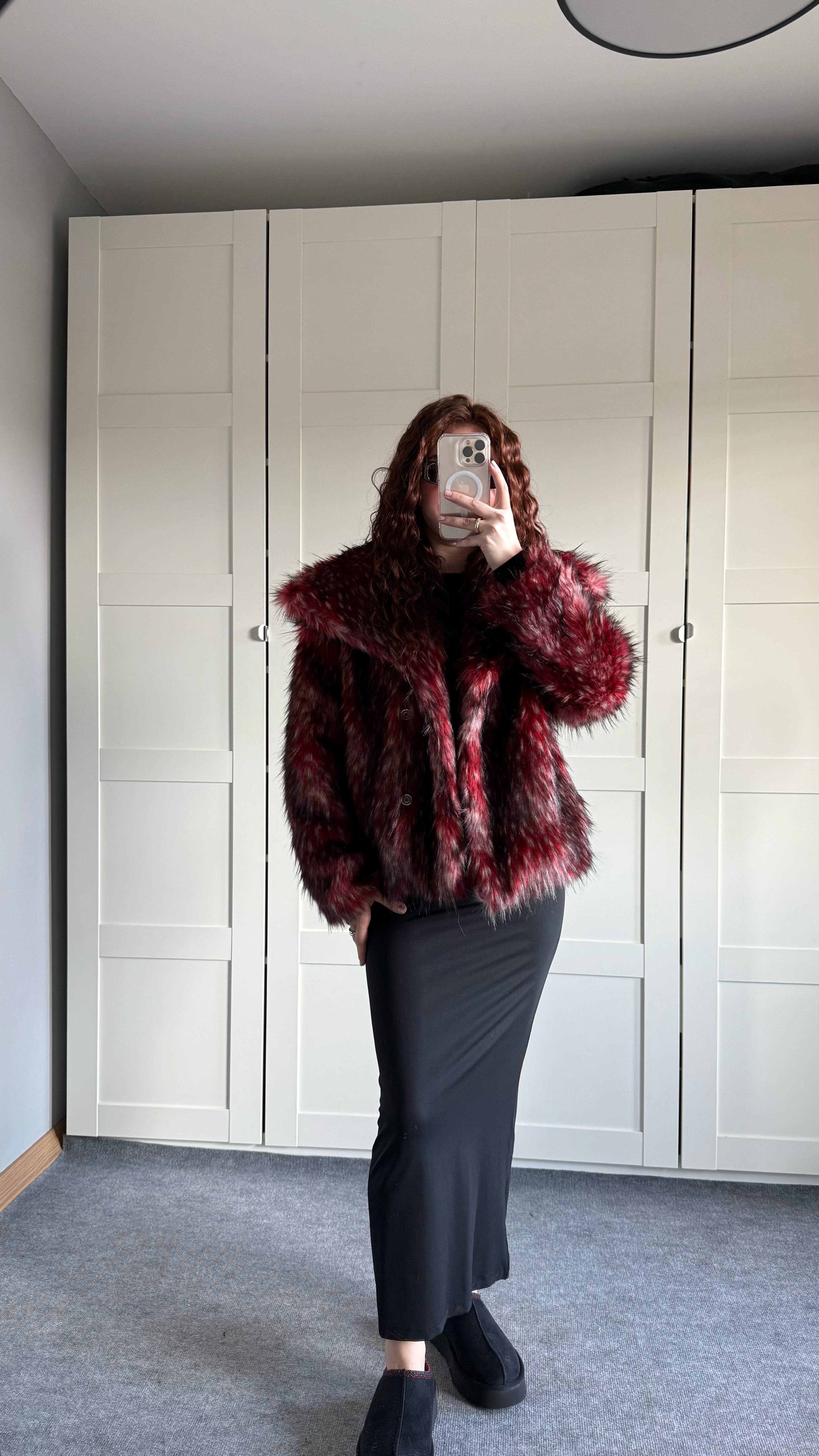 Geniş Yaka Luxury Bordo Kürk